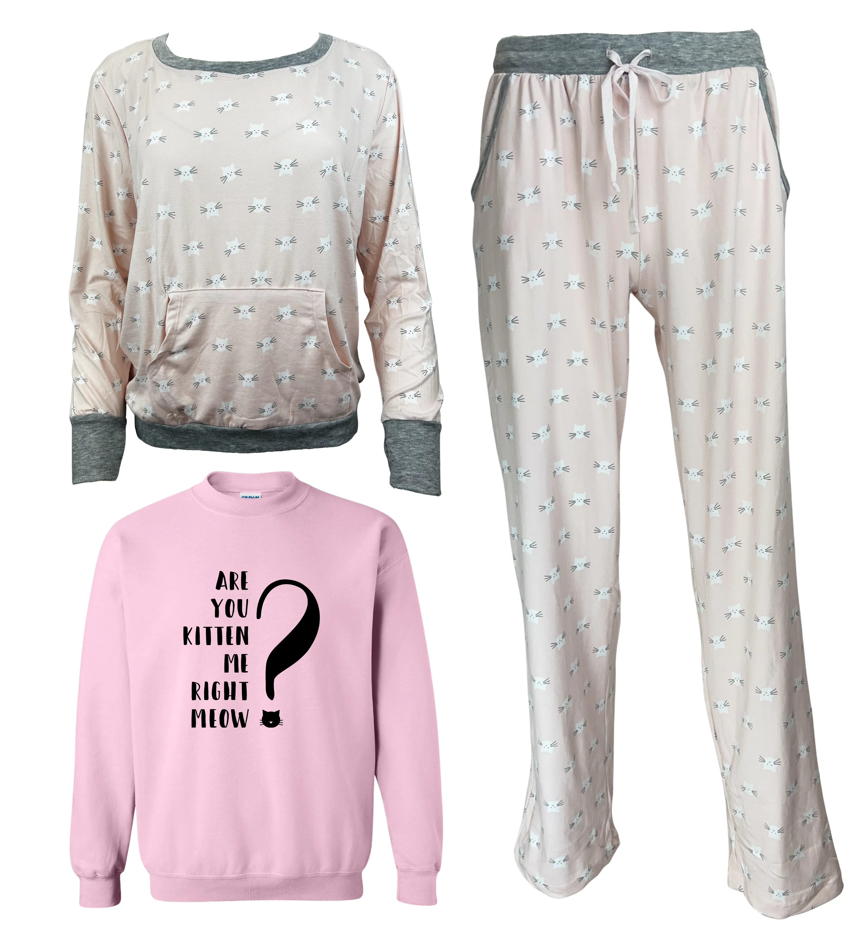 Are You Kitten Me Right Meow? Women's 3 Piece Pajama Set - In 3 Color Choices