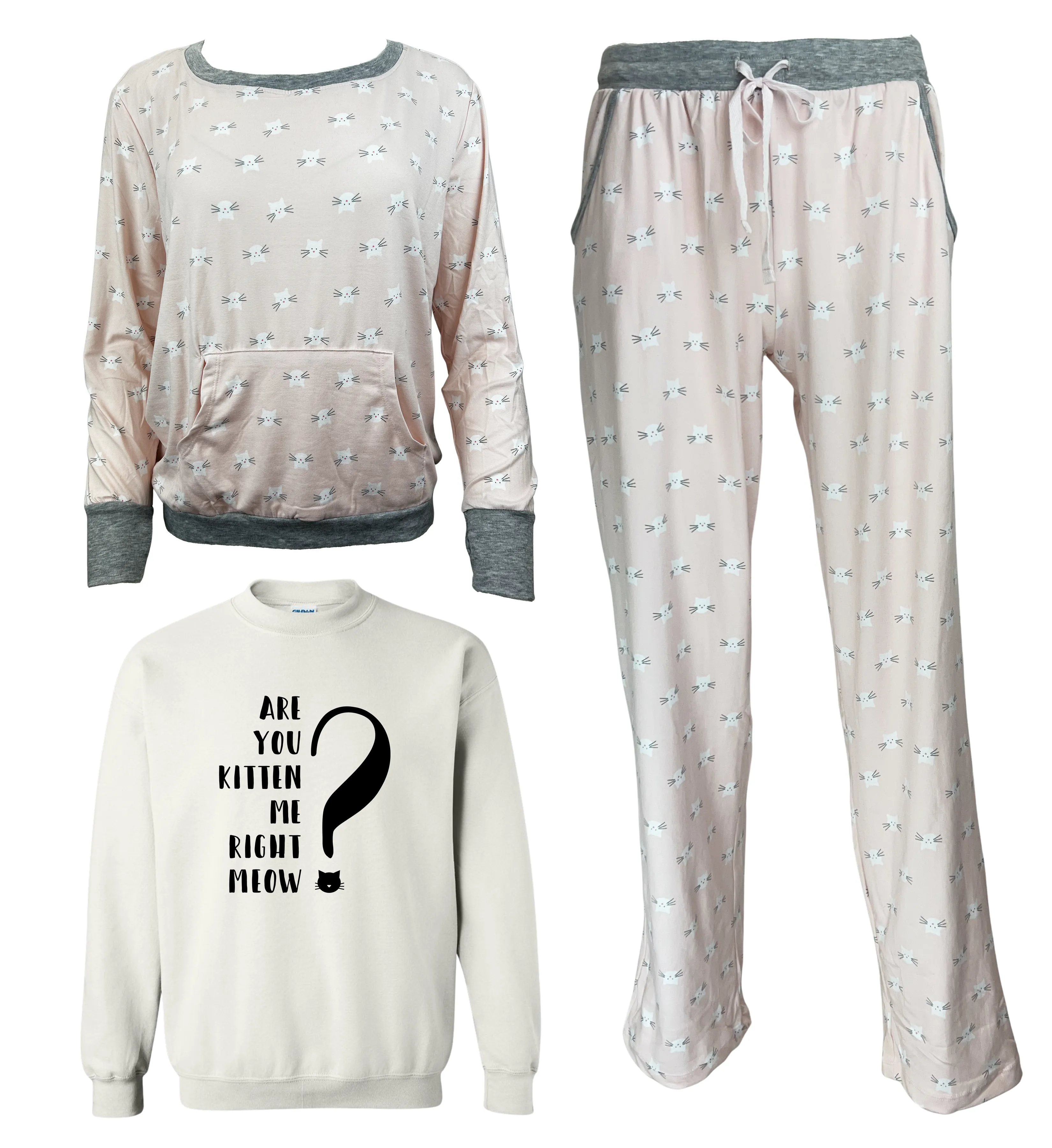Are You Kitten Me Right Meow? Women's 3 Piece Pajama Set - In 3 Color Choices