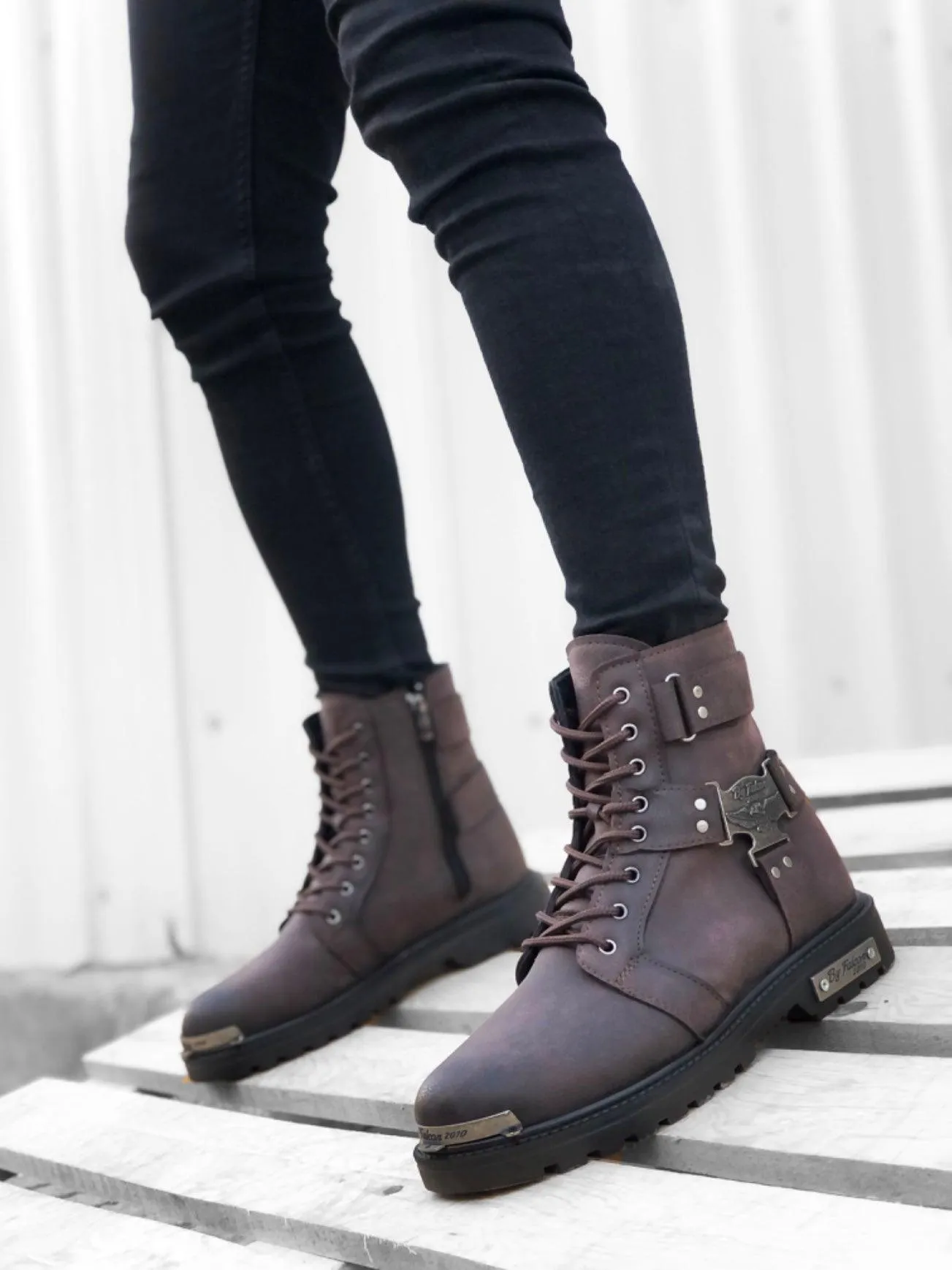 BA0080 Gladiator Men's Classic Sport Classic Ankle Ankle Boots With Zipper Buckle Brown
