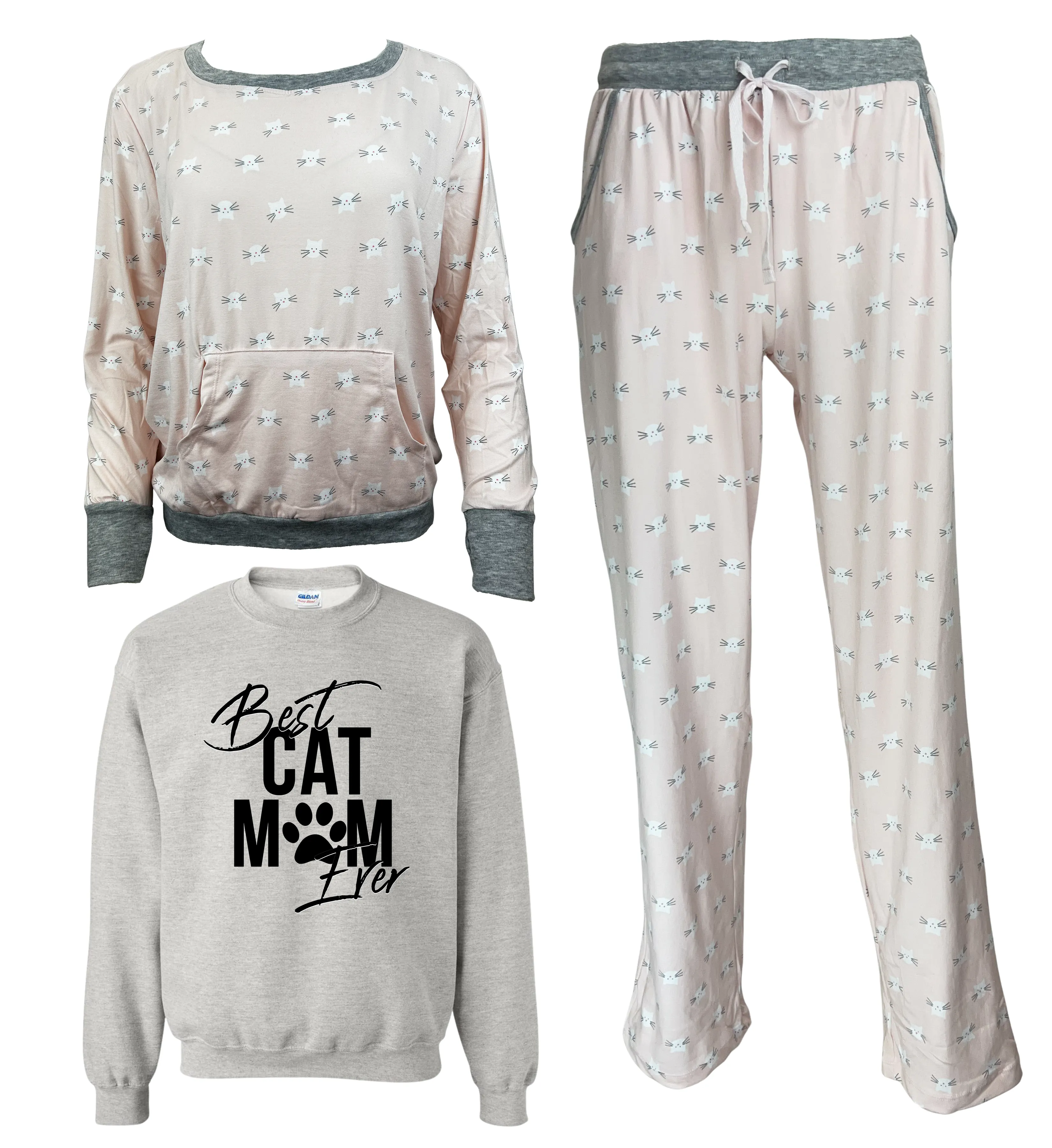 Best Cat Mom Ever Women's 3 Piece Pajama Set - In 3 Color Choices