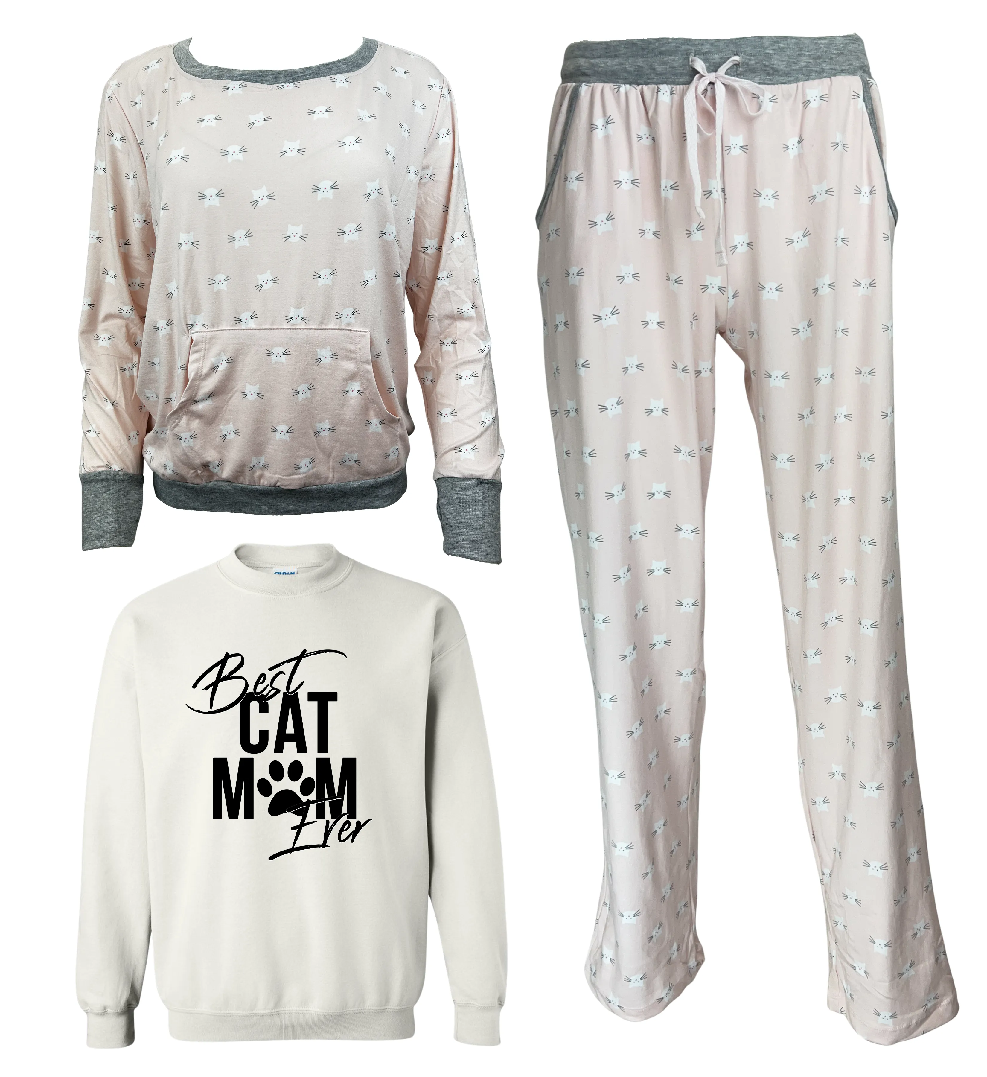 Best Cat Mom Ever Women's 3 Piece Pajama Set - In 3 Color Choices