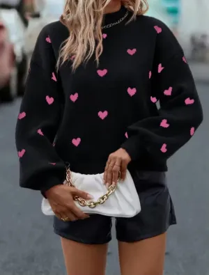 Black Heart Pattern Knit Sweater – Chic & Cozy Contrast