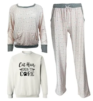Cat Hair Don't Care Women's 3 Piece Pajama Set - In 3 Color Choices