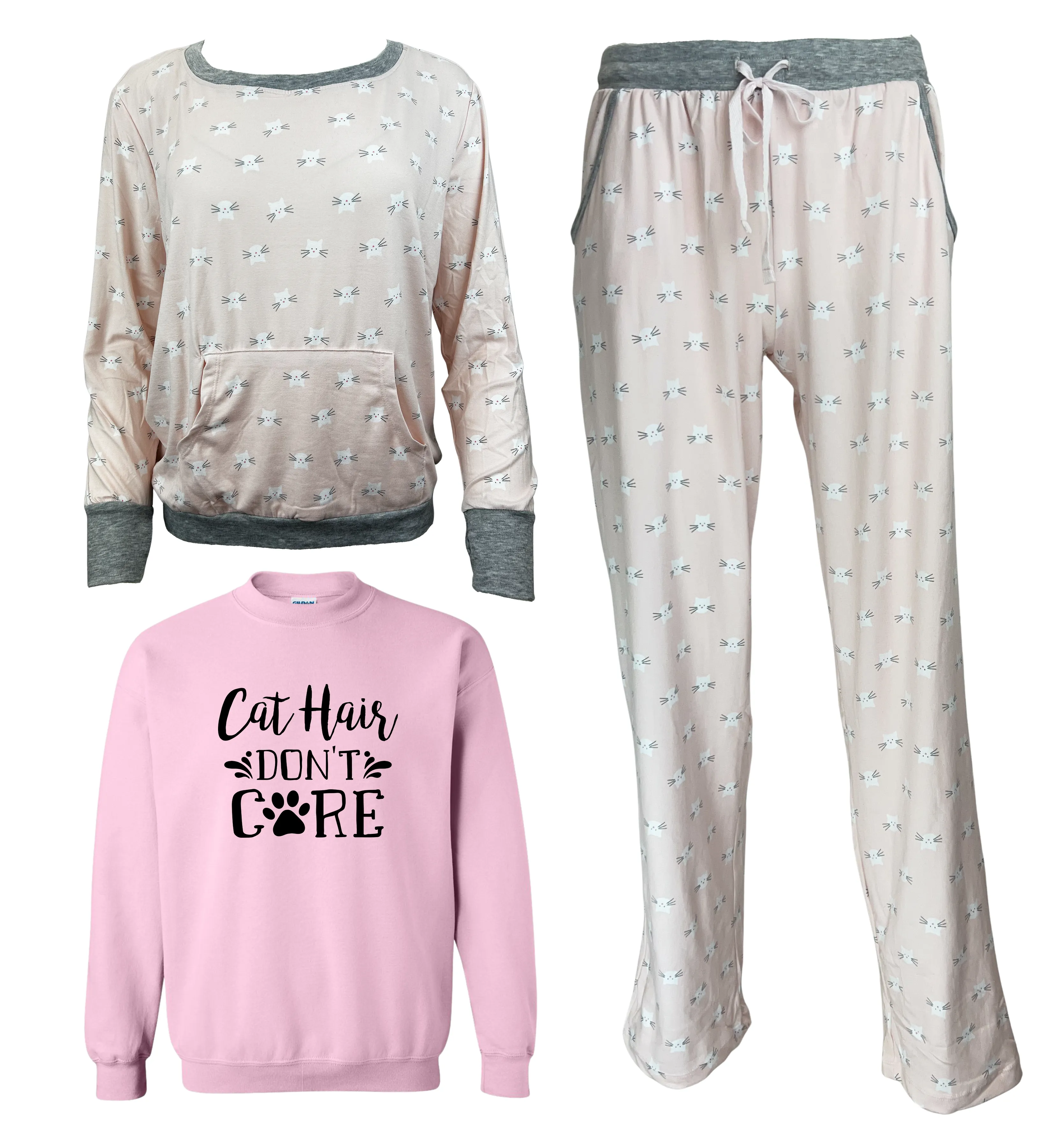 Cat Hair Don't Care Women's 3 Piece Pajama Set - In 3 Color Choices