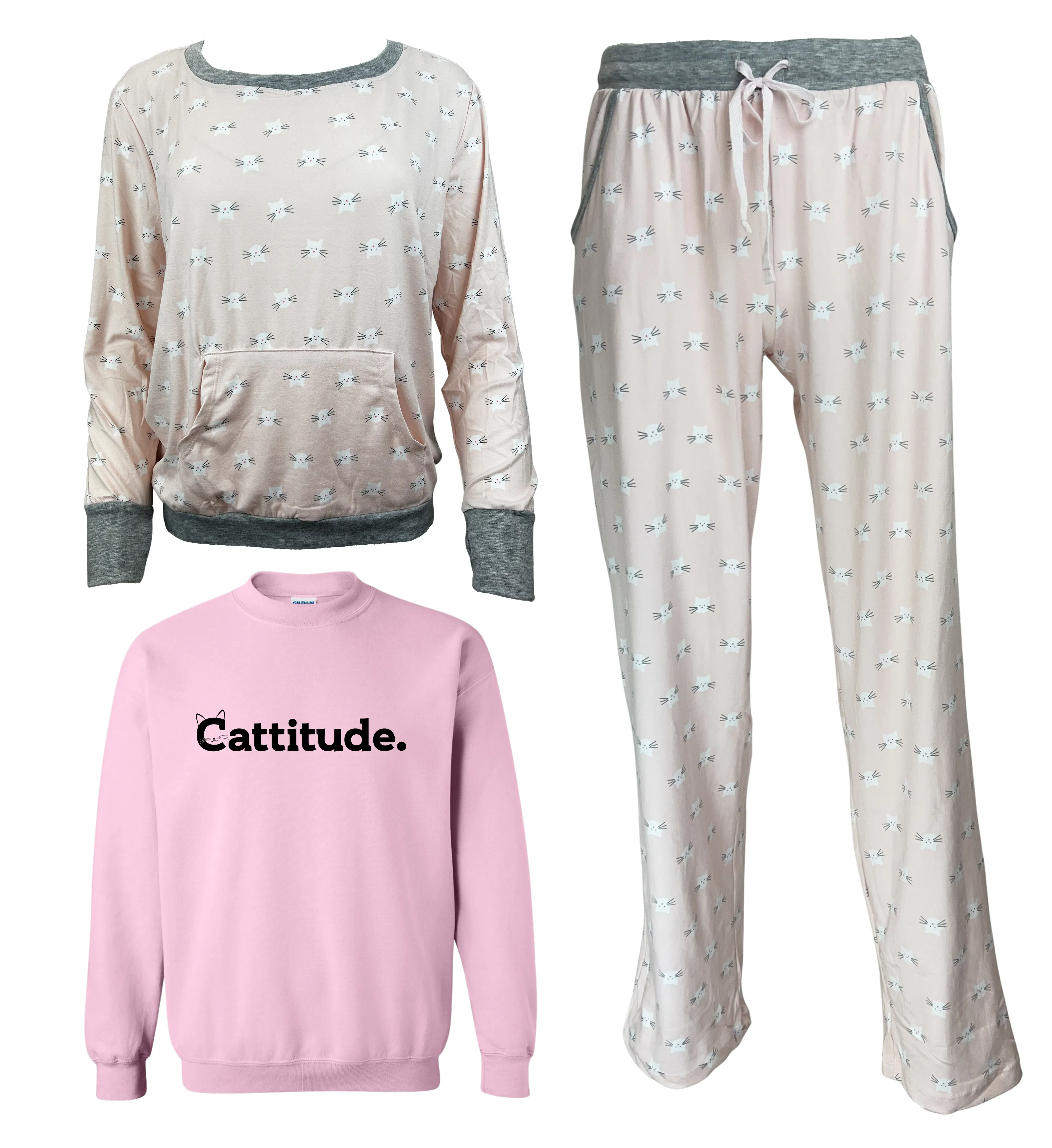 Cattitude Women's 3 Piece Pajama Set - In 3 Color Choices