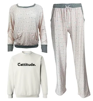 Cattitude Women's 3 Piece Pajama Set - In 3 Color Choices