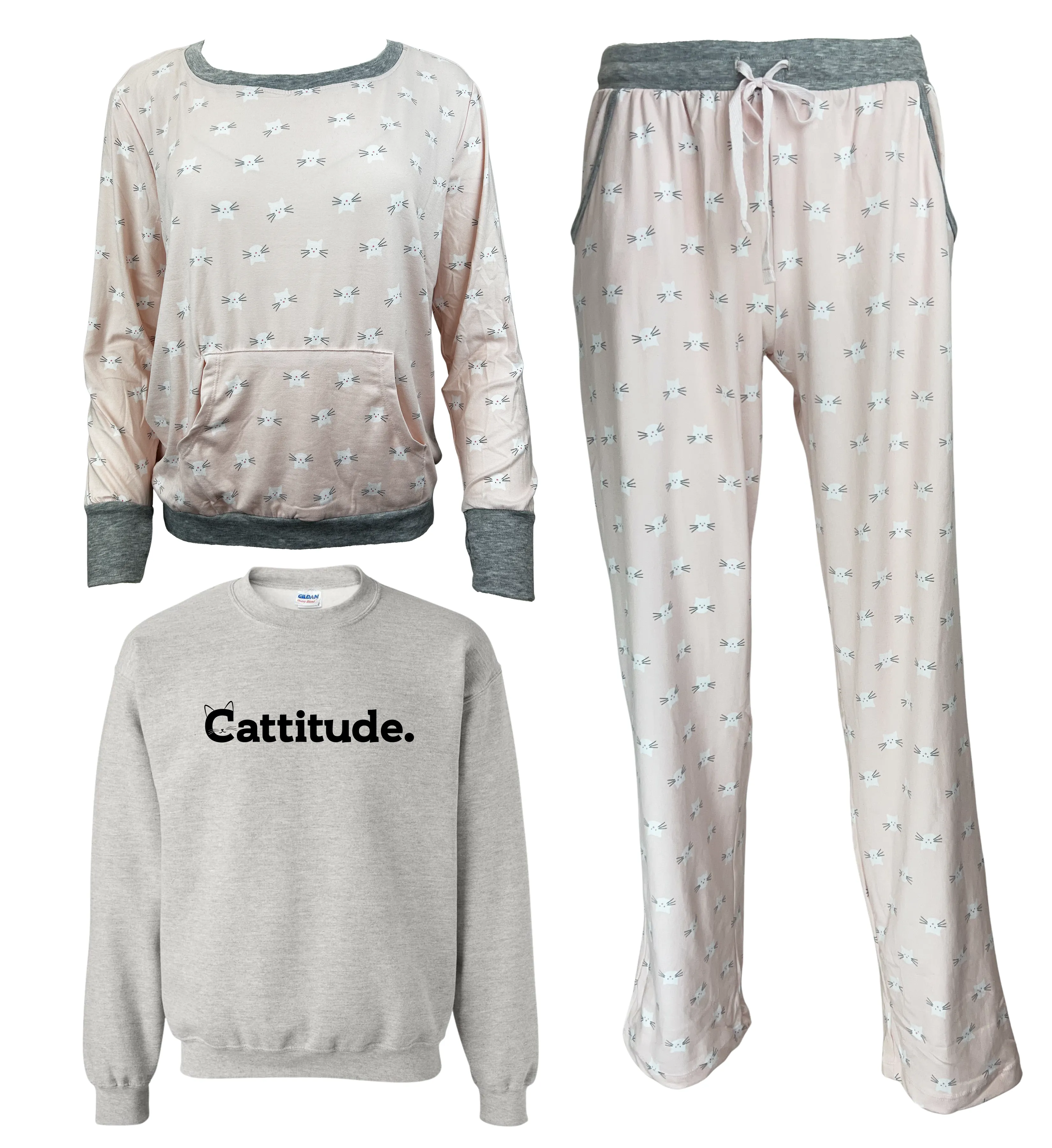 Cattitude Women's 3 Piece Pajama Set - In 3 Color Choices
