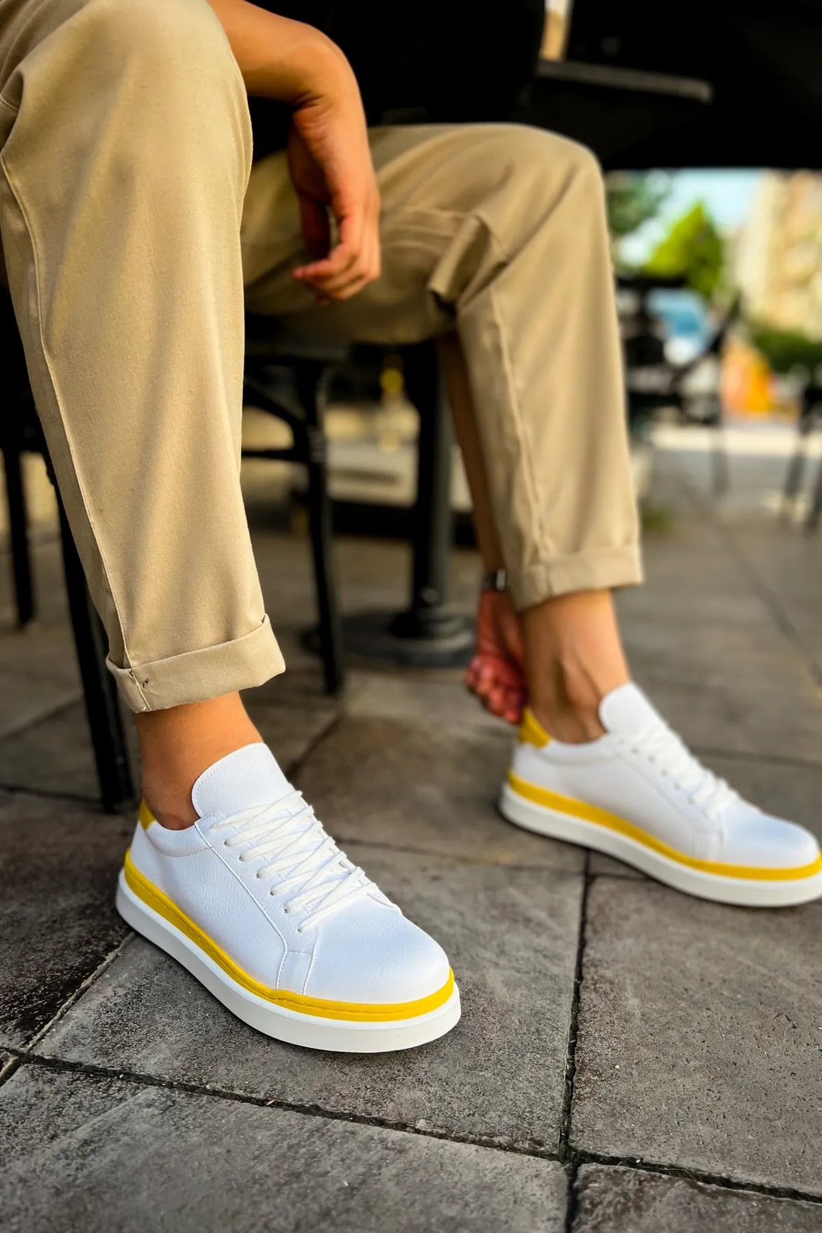 CH979 Santoni GBT Sport Men's Sneakers Shoes WHITE/YELLOW