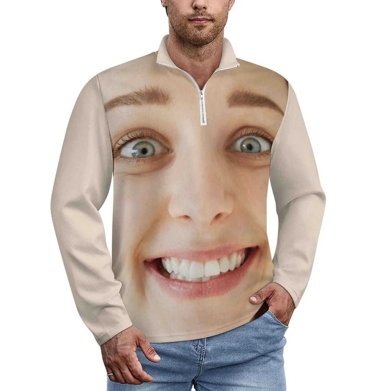 Custom Full Print Big Face Long Sleeve Men's Sweater Polos