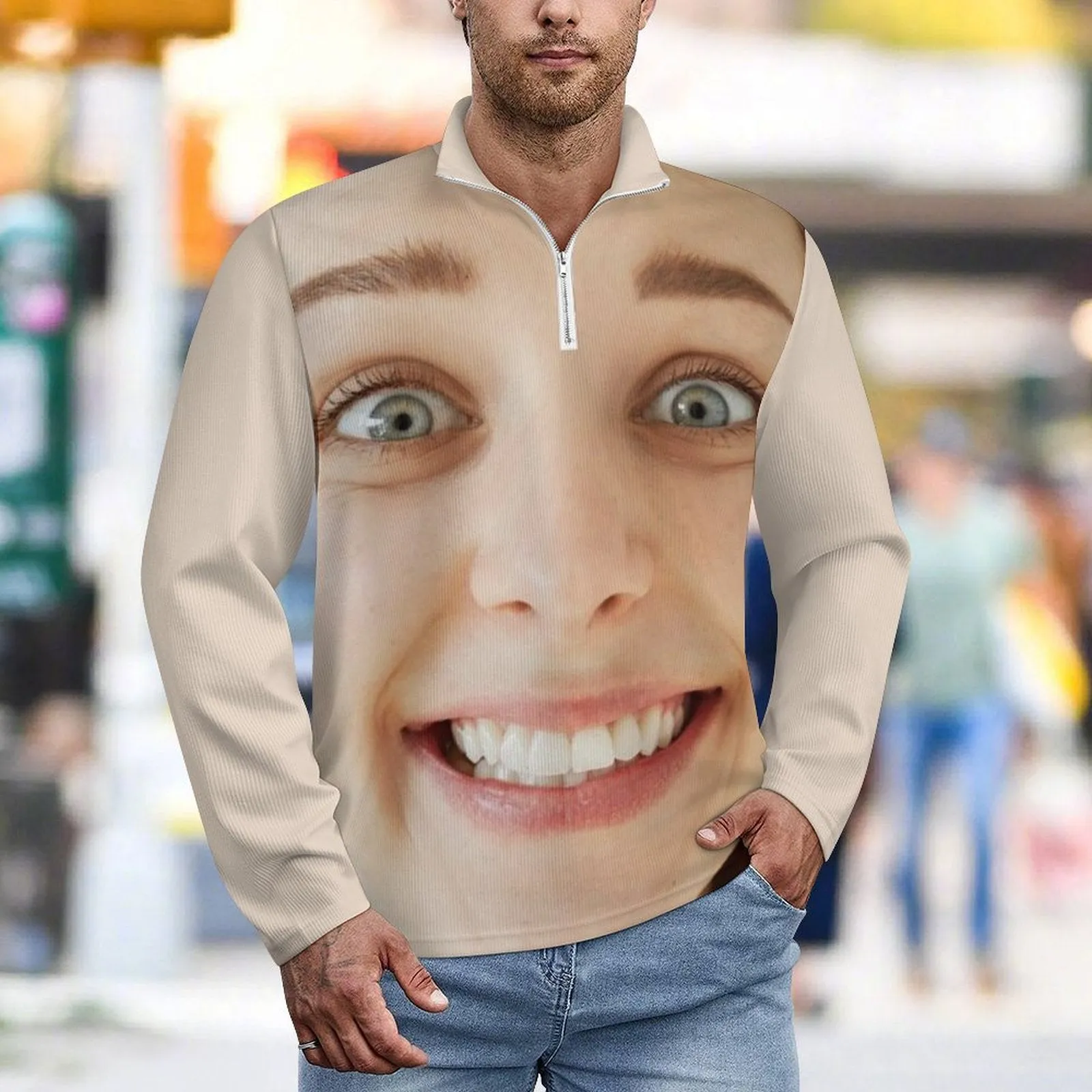 Custom Full Print Big Face Long Sleeve Men's Sweater Polos