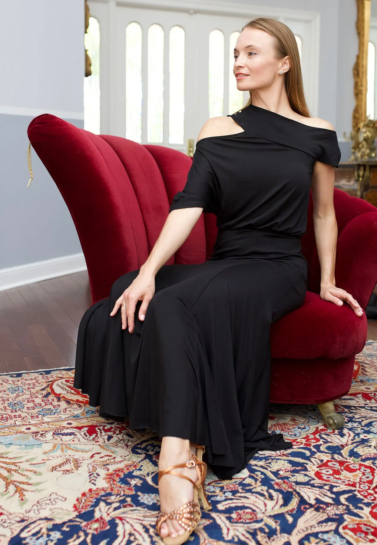 Diagonal Shawl Dress with Long Flare Skirt