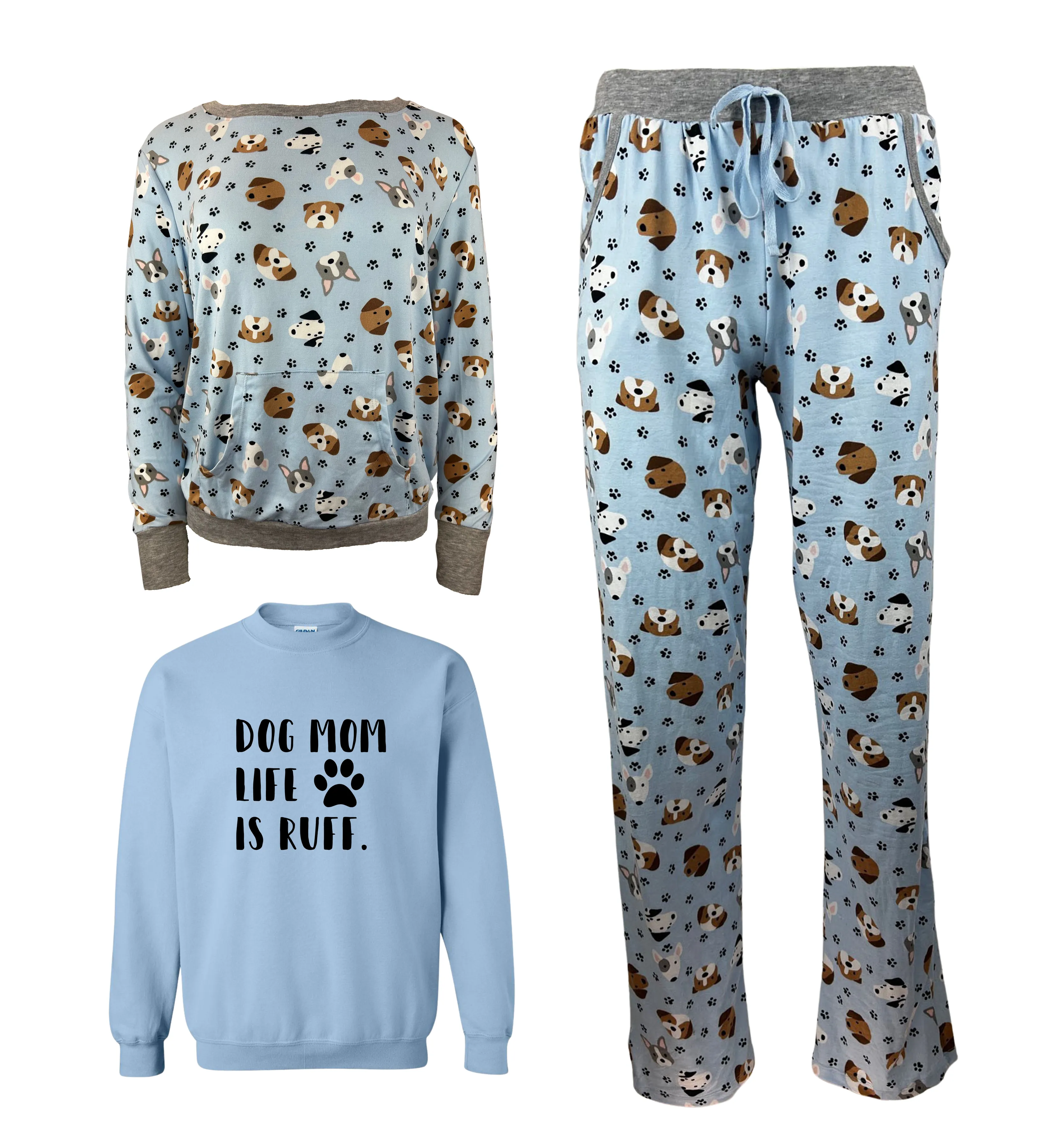 Dog Mom Life Is Ruff Blue Women's 3 Piece Dog Pajama Set - In 3 Color Choices