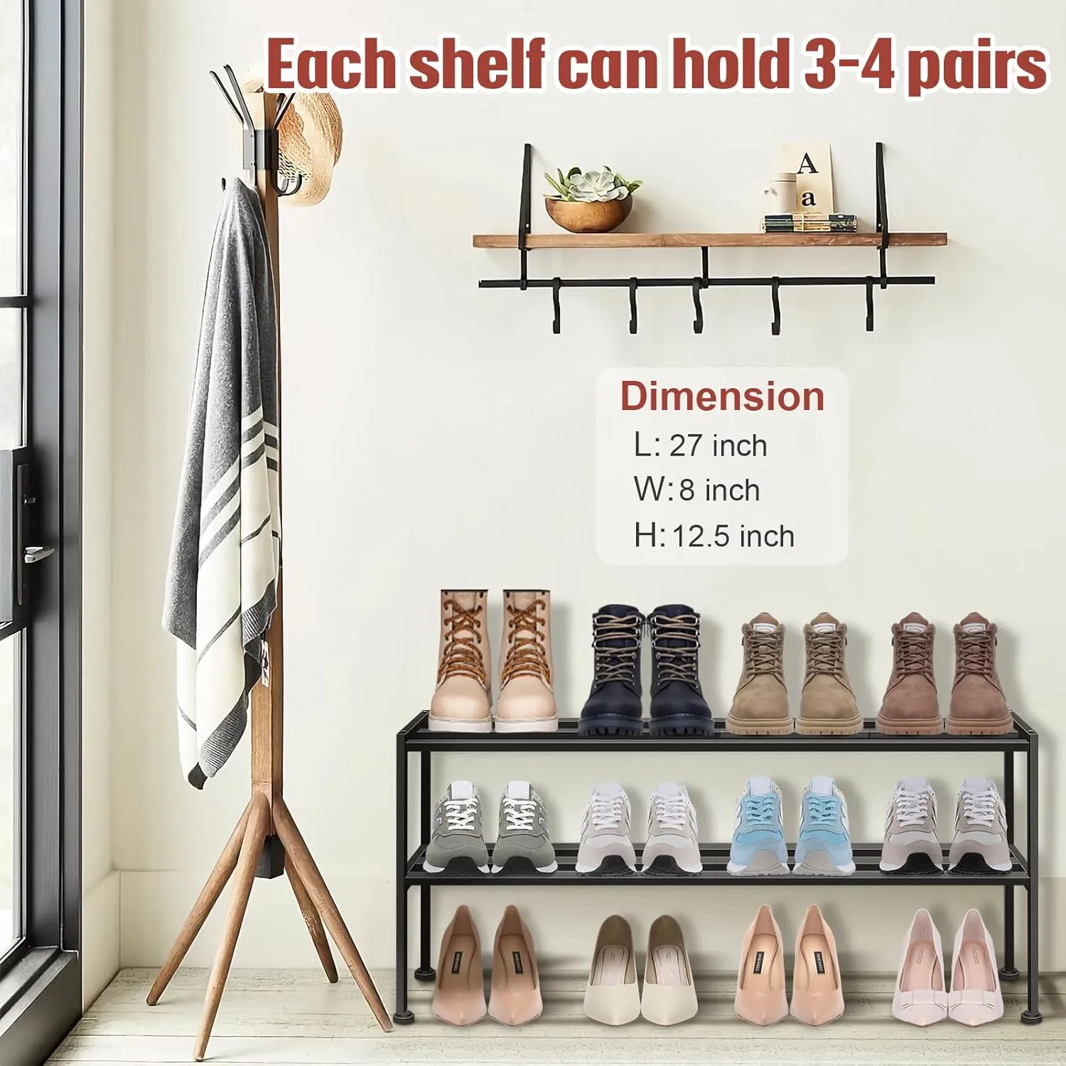 Heavy Duty Shoe Rack for Closet Entryway, Stackable Shoe Organizer for Small Space Metal Shoe Rack, Black