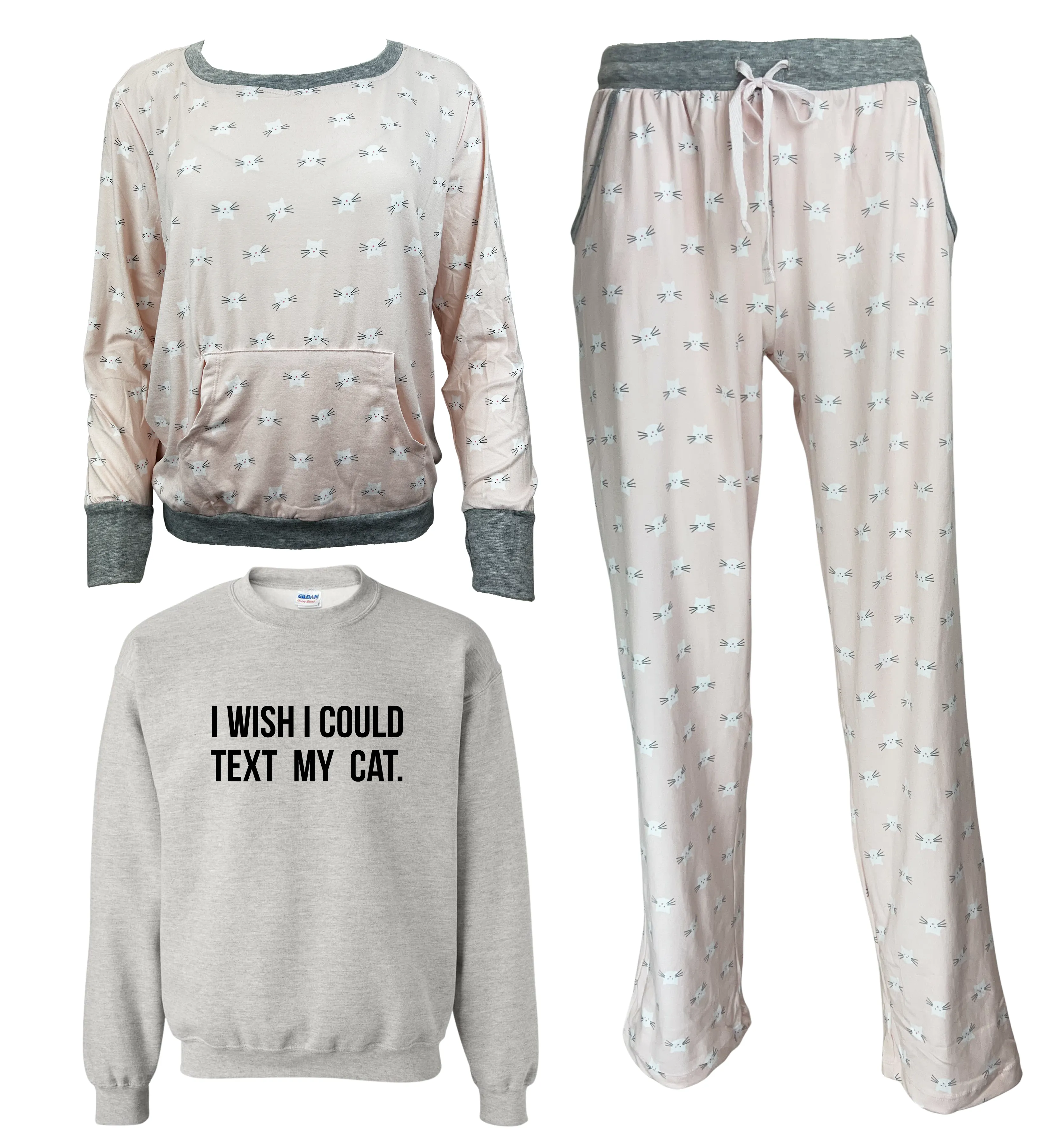 I Wish I Could Text My Cat Women's 3 Piece Pajama Set - In 3 Color Choices