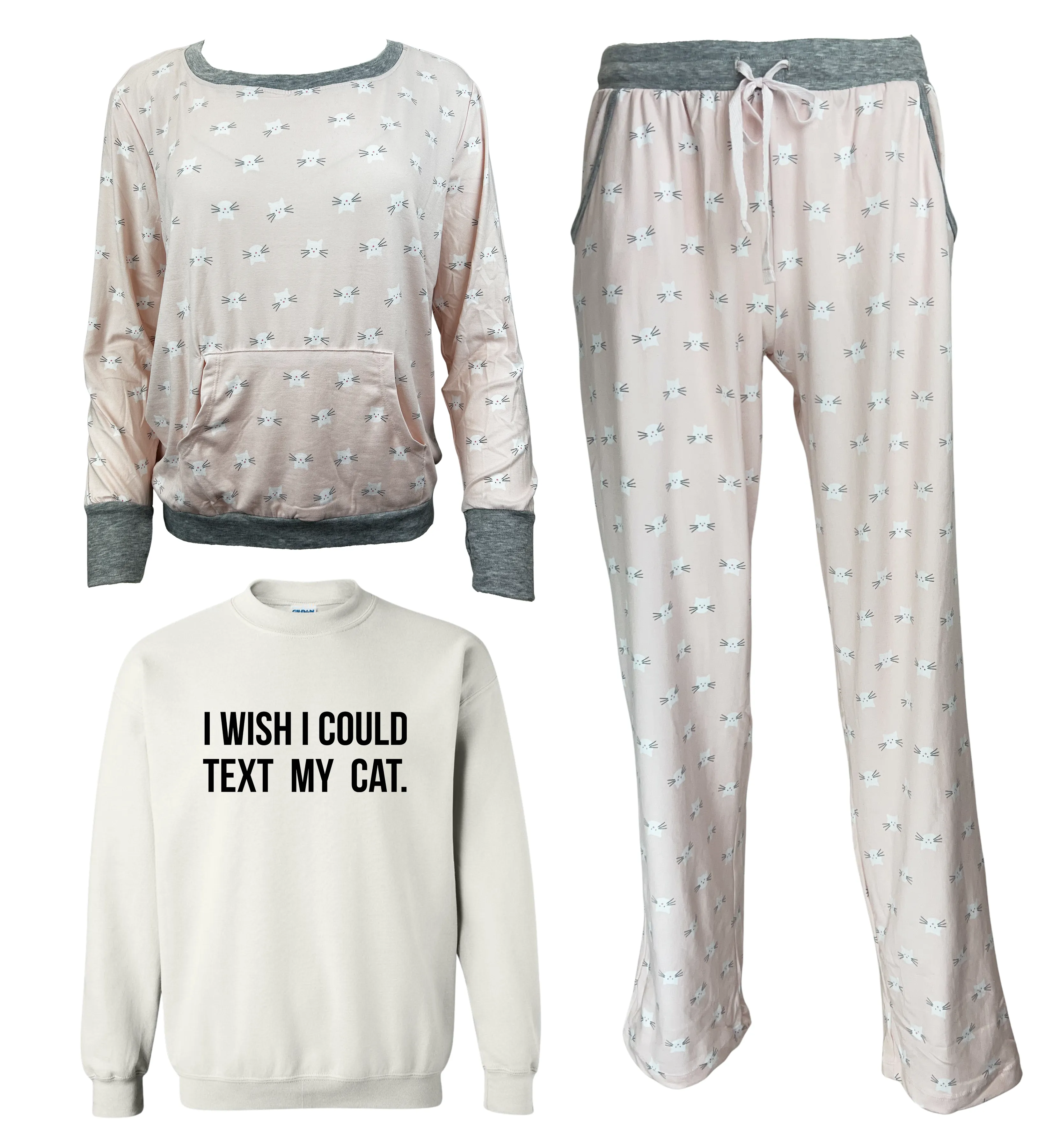 I Wish I Could Text My Cat Women's 3 Piece Pajama Set - In 3 Color Choices