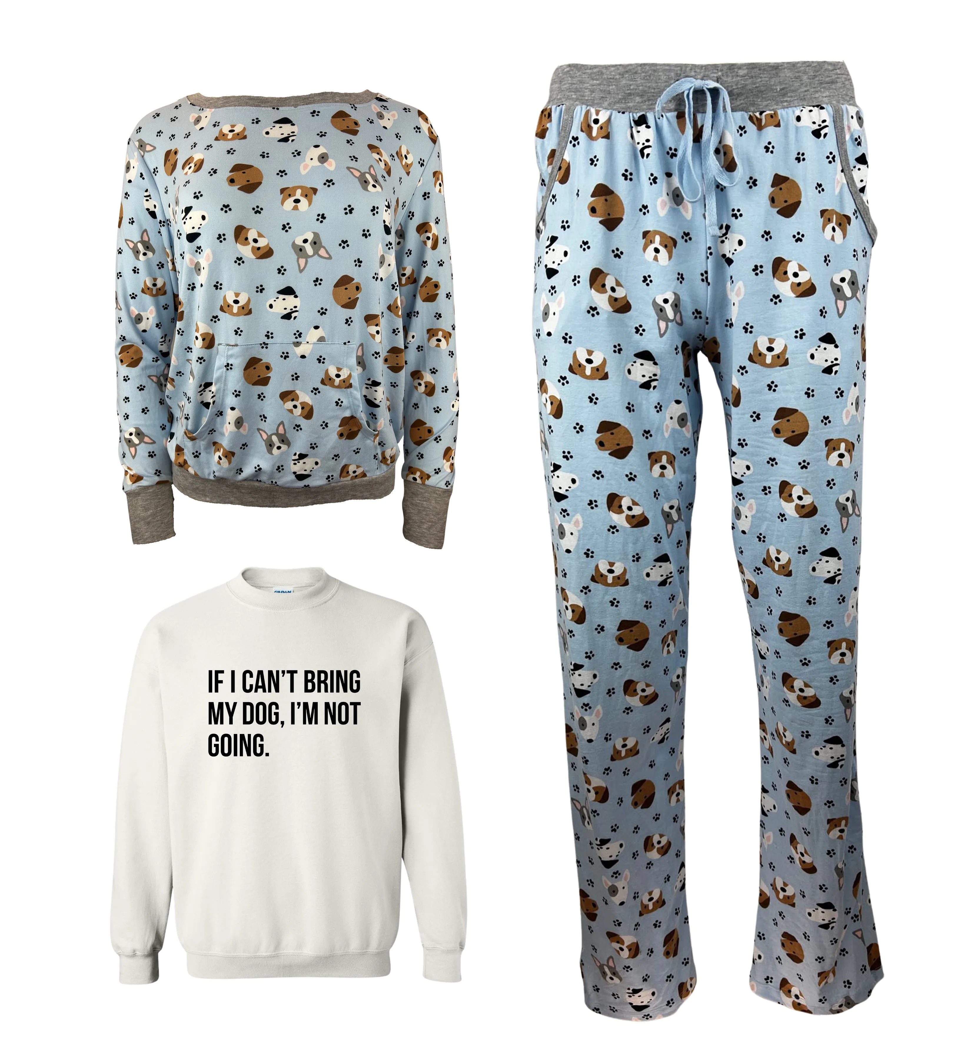 If I Can't Bring My Dog, I'm Not Going Blue Women's 3 Piece Dog Pajama Set - In 3 Color Choices