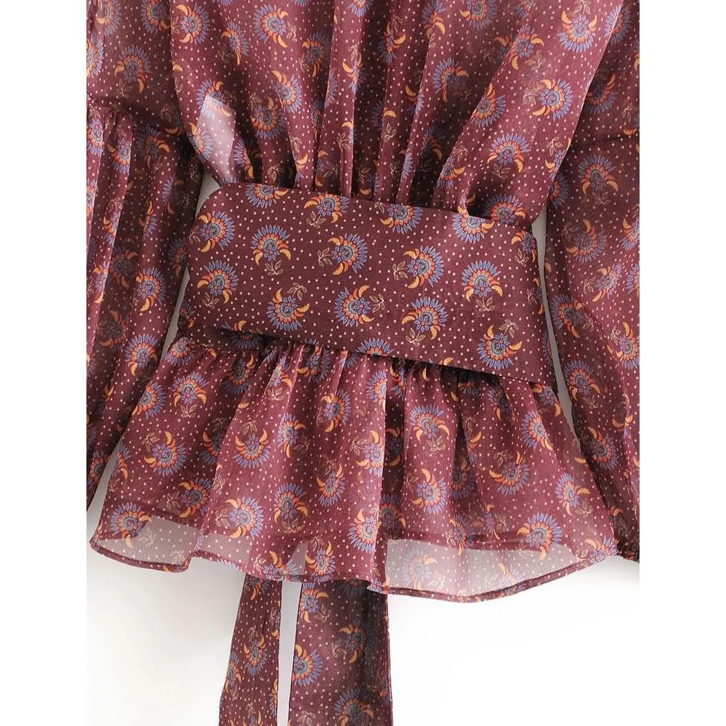 Lantern Sleeve V Neck Ruffle Blouse