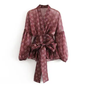 Lantern Sleeve V Neck Ruffle Blouse
