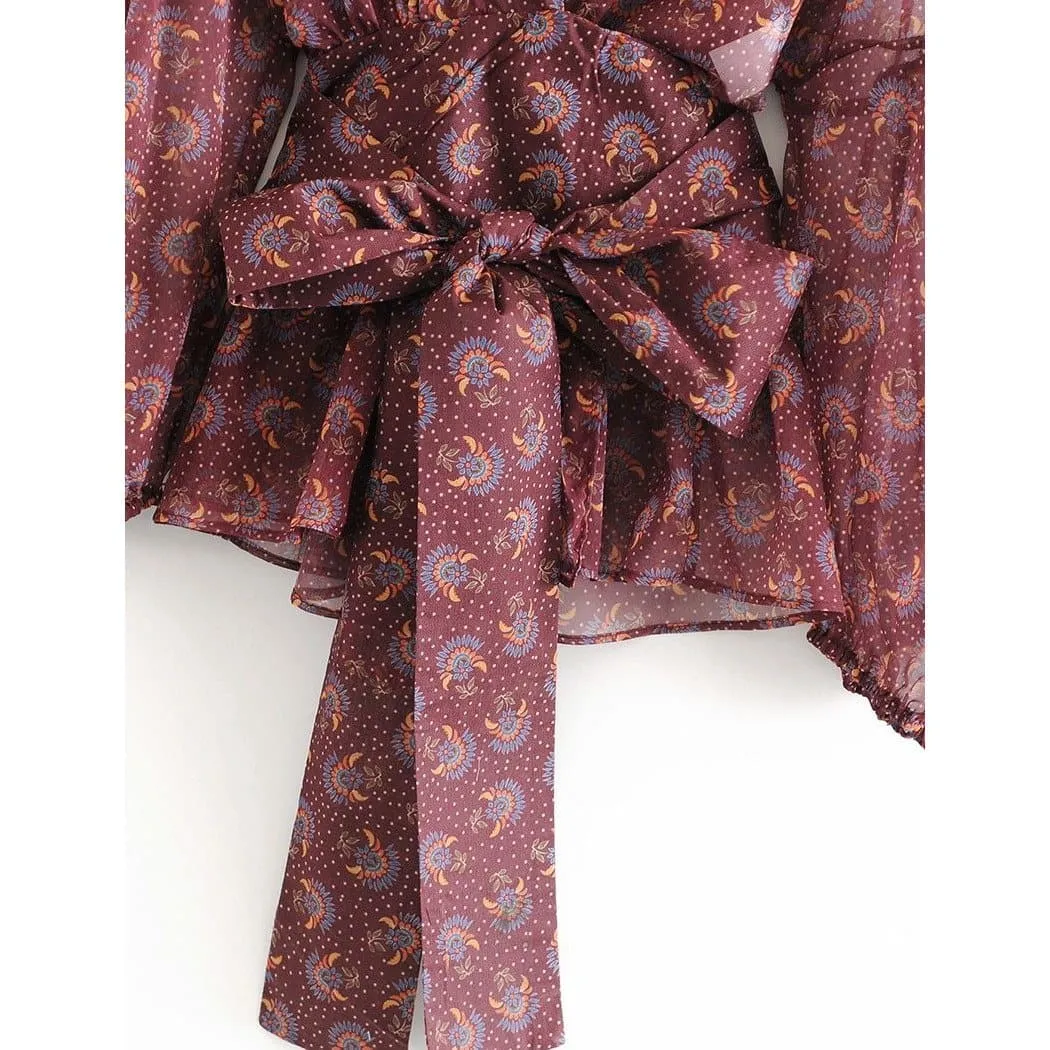 Lantern Sleeve V Neck Ruffle Blouse