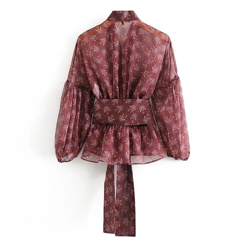 Lantern Sleeve V Neck Ruffle Blouse