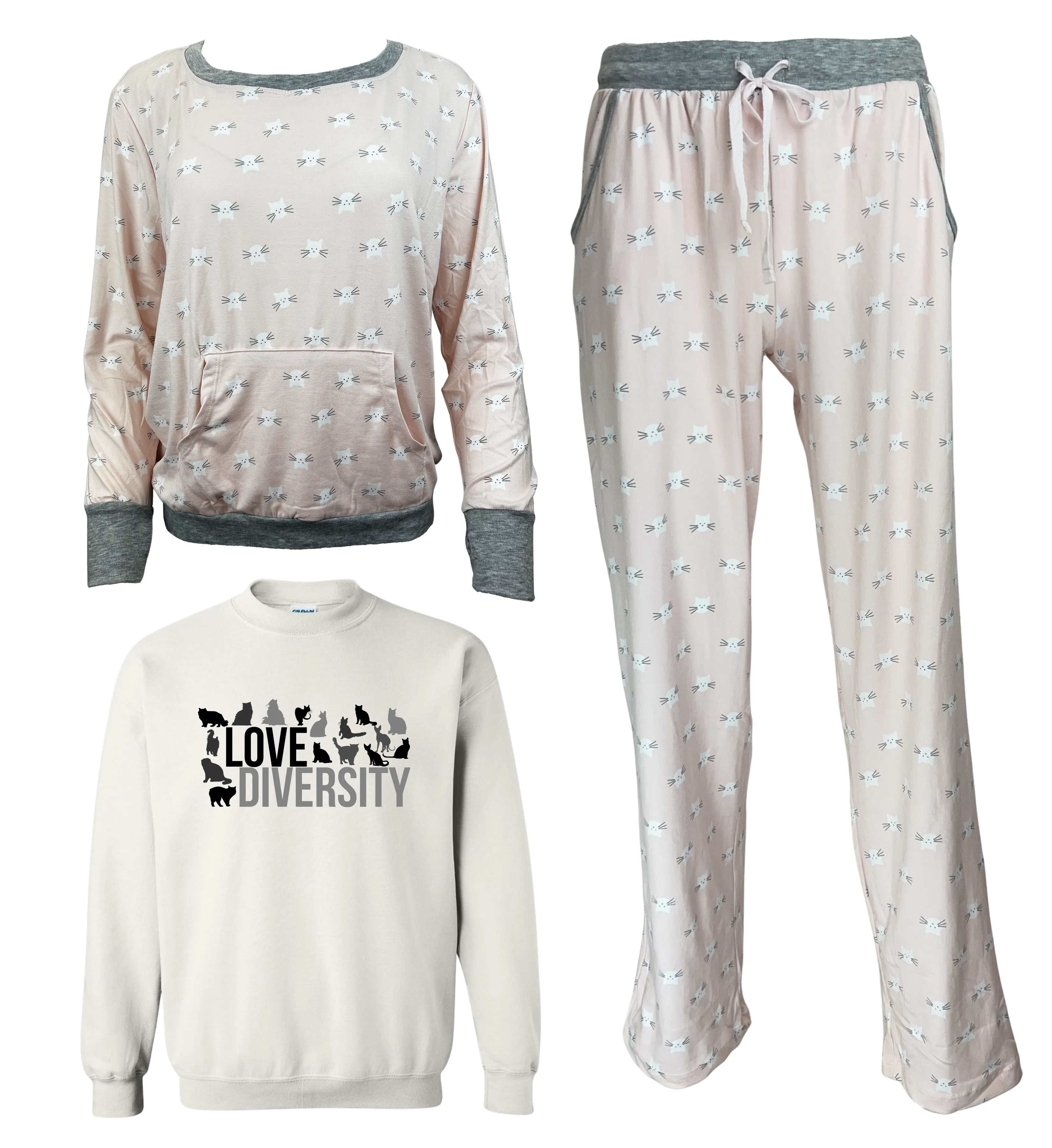 Love Diversity Kitty Cat Women's 3 Piece Cat Pajama Set - In 3 Color Choices