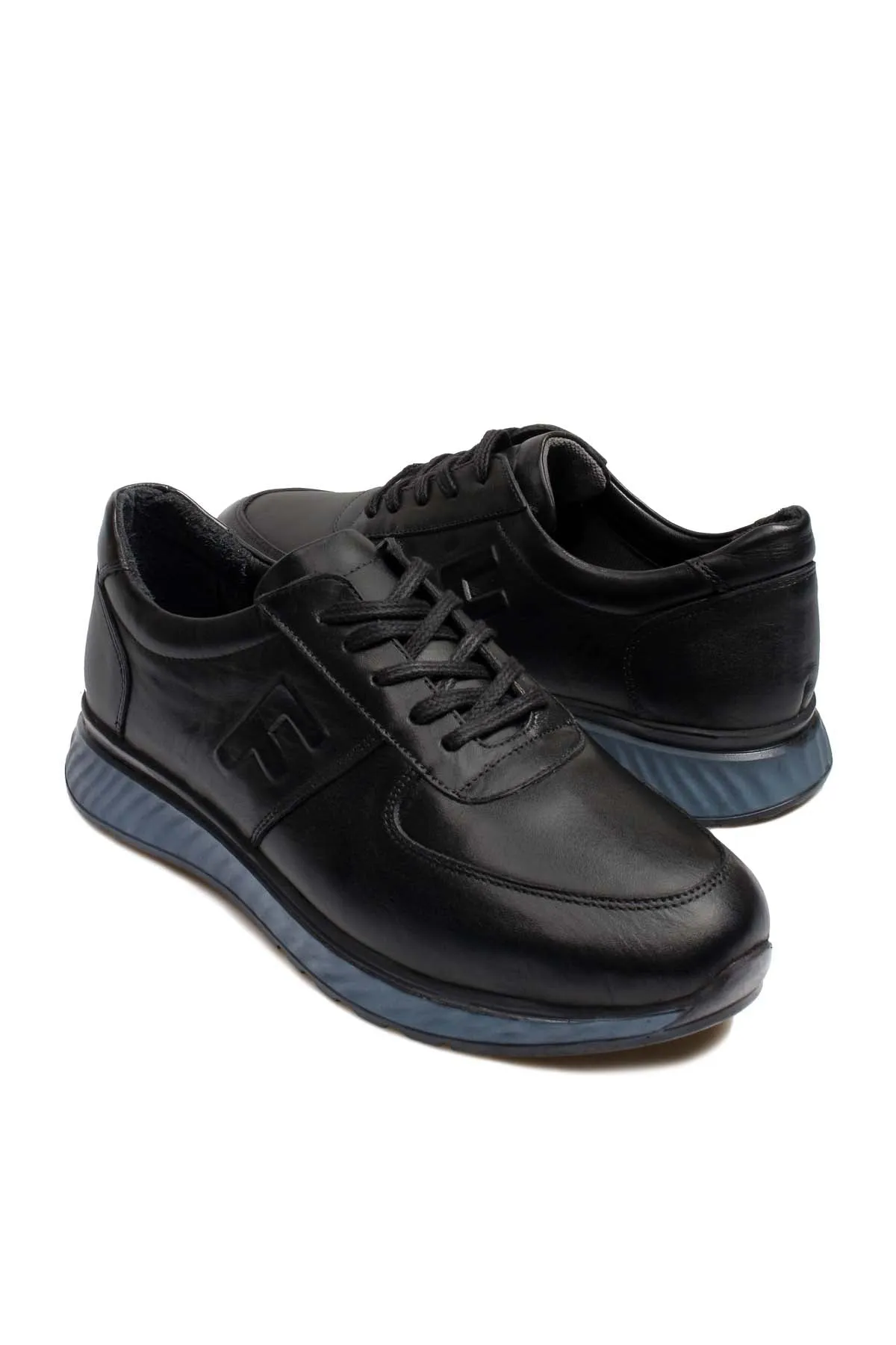 Men's Black Leather Casual Shoes with Blue Sole - Wessi
