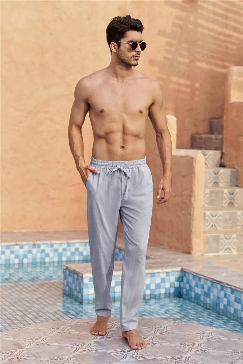 Mens Linen Pants Casual Loose Lightweight Drawstring Elastic Waist Summer Yoga Beach Trousers