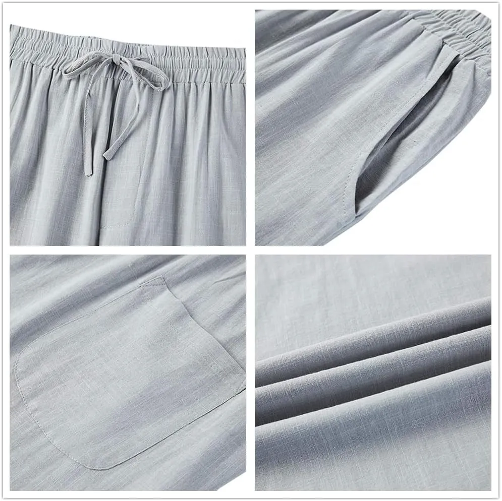 Mens Linen Pants Casual Loose Lightweight Drawstring Elastic Waist Summer Yoga Beach Trousers
