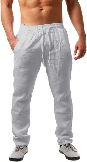 Mens Linen Pants Casual Loose Lightweight Drawstring Elastic Waist Summer Yoga Beach Trousers