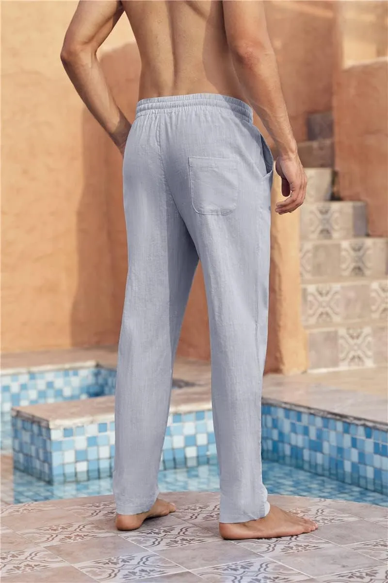 Mens Linen Pants Casual Loose Lightweight Drawstring Elastic Waist Summer Yoga Beach Trousers