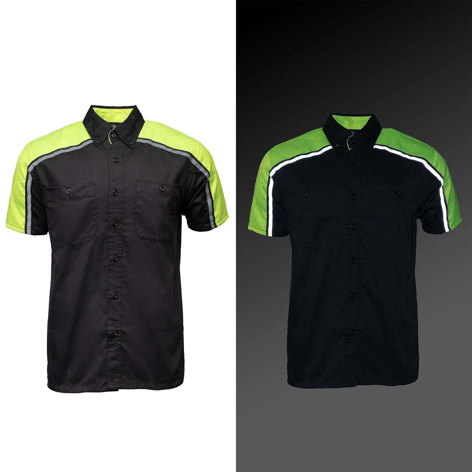 Milwaukee Motorcycle Clothing Co. MDM11604 Men's Black and Neon-Green Button Up Mechanic Shirt w/ Reflective Stripe