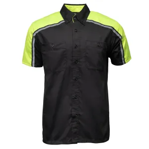Milwaukee Motorcycle Clothing Co. MDM11604 Men's Black and Neon-Green Button Up Mechanic Shirt w/ Reflective Stripe