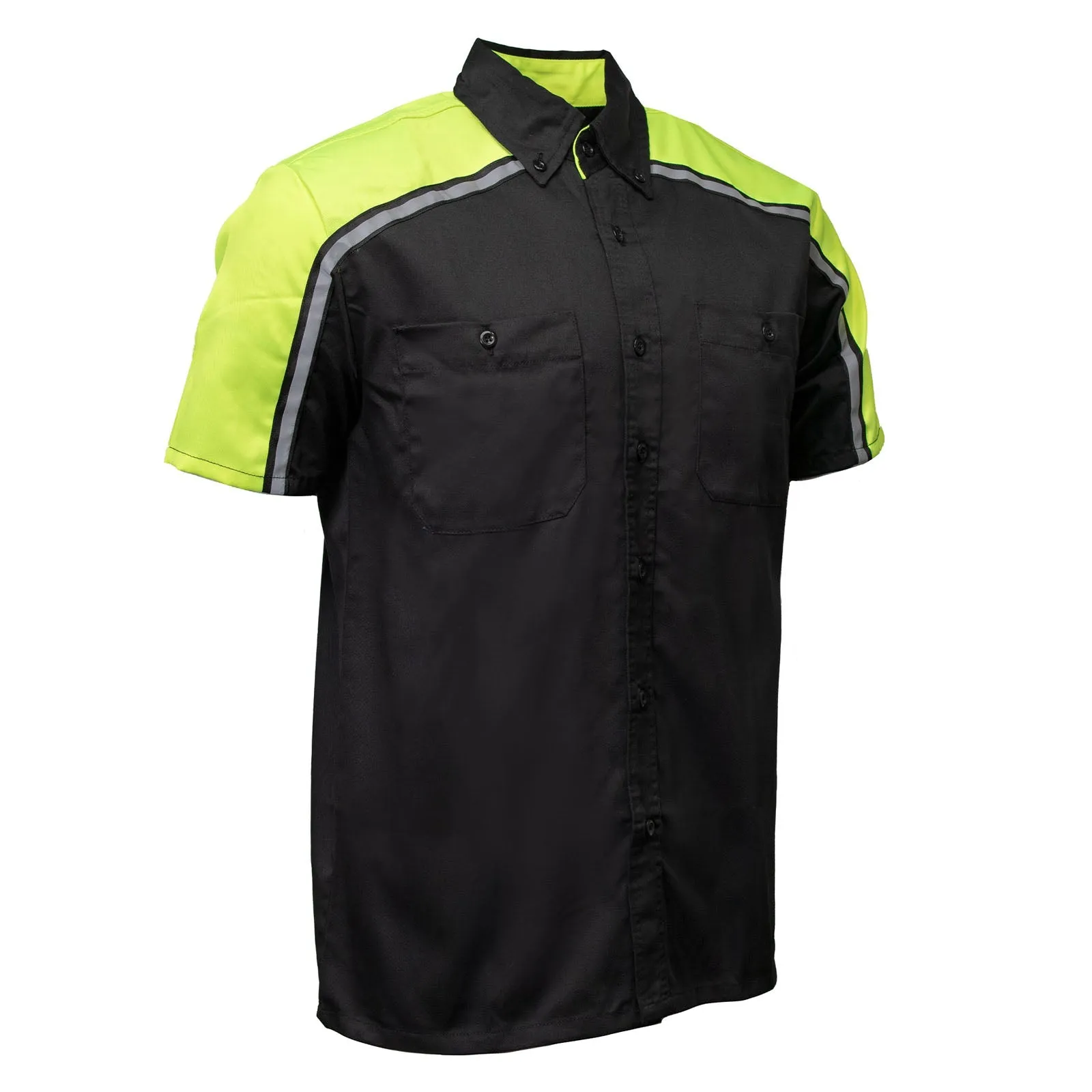 Milwaukee Motorcycle Clothing Co. MDM11604 Men's Black and Neon-Green Button Up Mechanic Shirt w/ Reflective Stripe