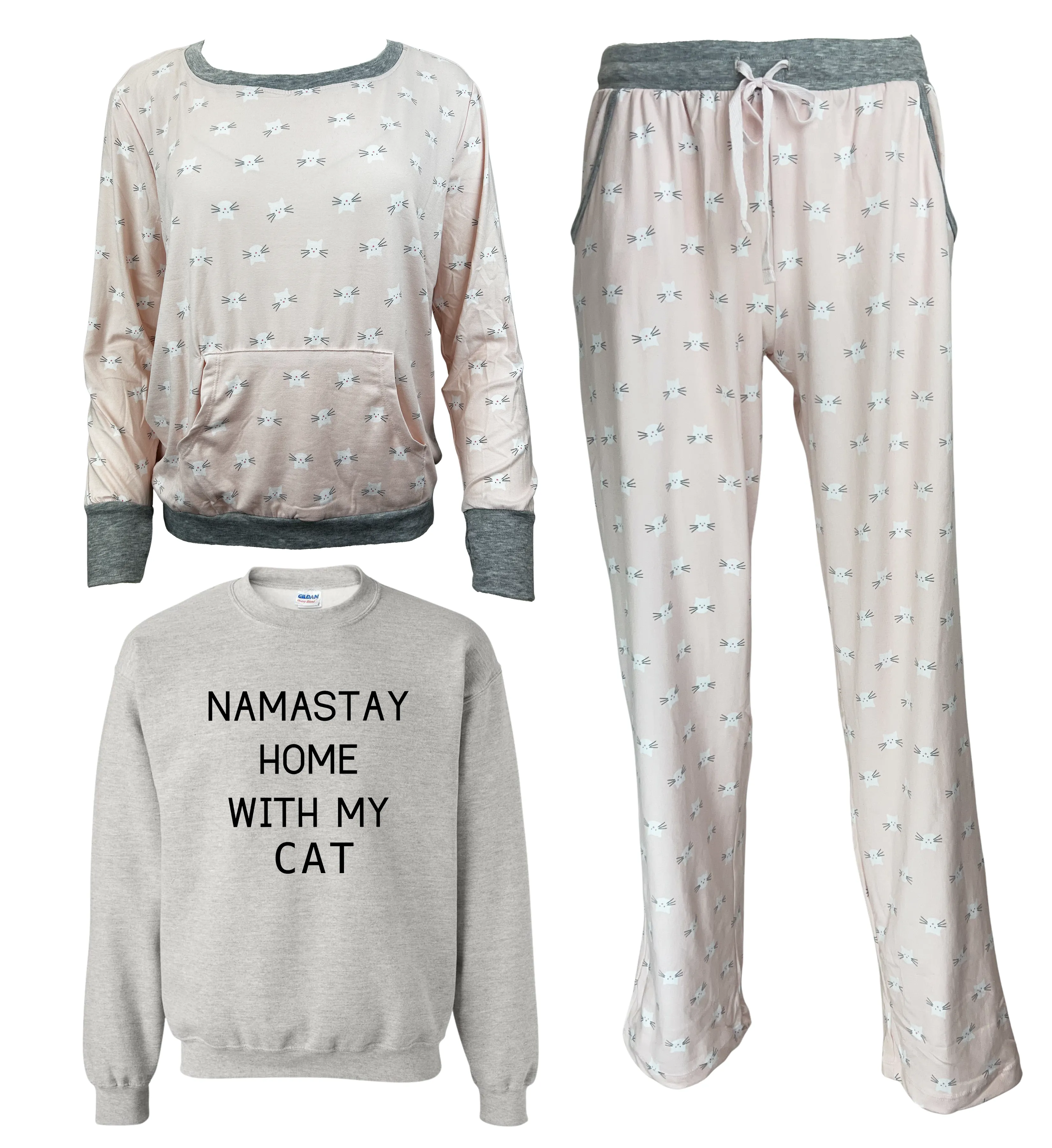 Namastay Home With My Cat Women's 3 Piece Pajama Set - In 3 Color Choices