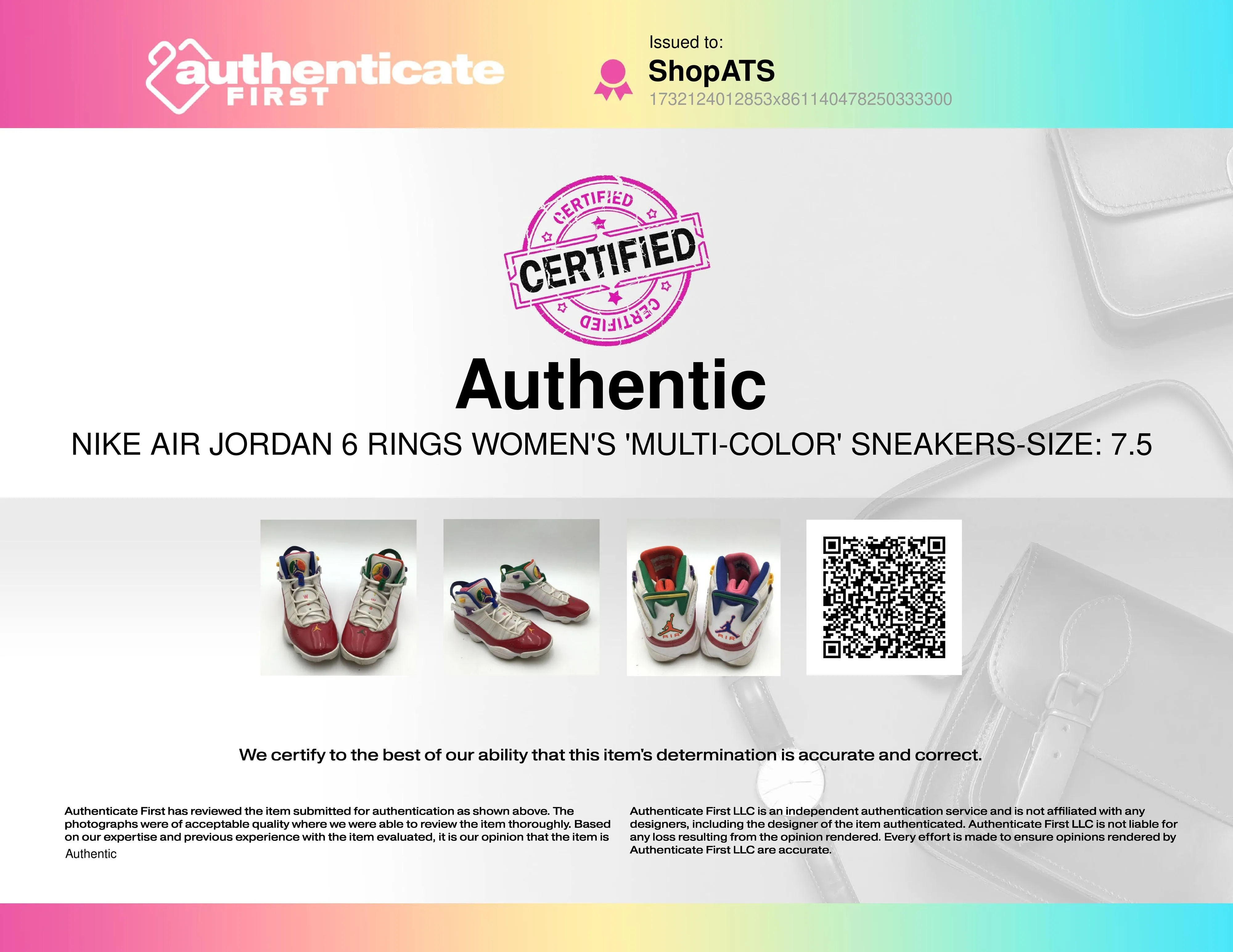 Nike Air Jordan 6 Rings Women's Multi-Color Sneakers-Size; 7.5 ( COA)