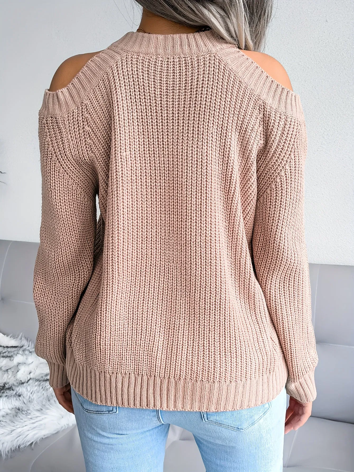 Pale Pink Cold Shoulder Knit Top – Long Sleeve Crew Neck