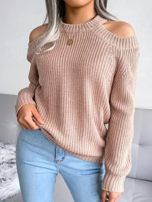 Pale Pink Cold Shoulder Knit Top – Long Sleeve Crew Neck