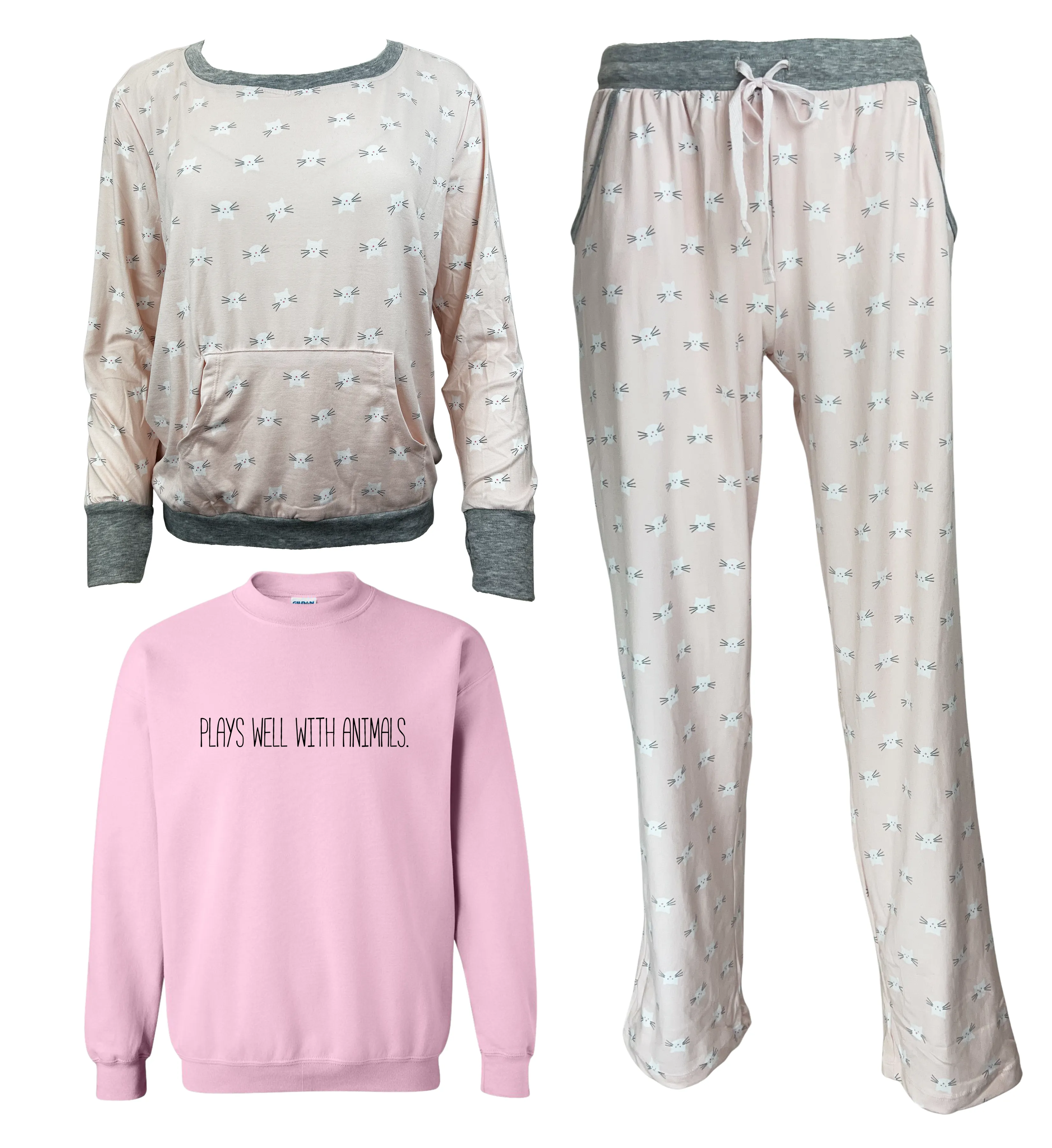Plays Well With Animals Women's 3 Piece Pajama Set - In 3 Color Choices