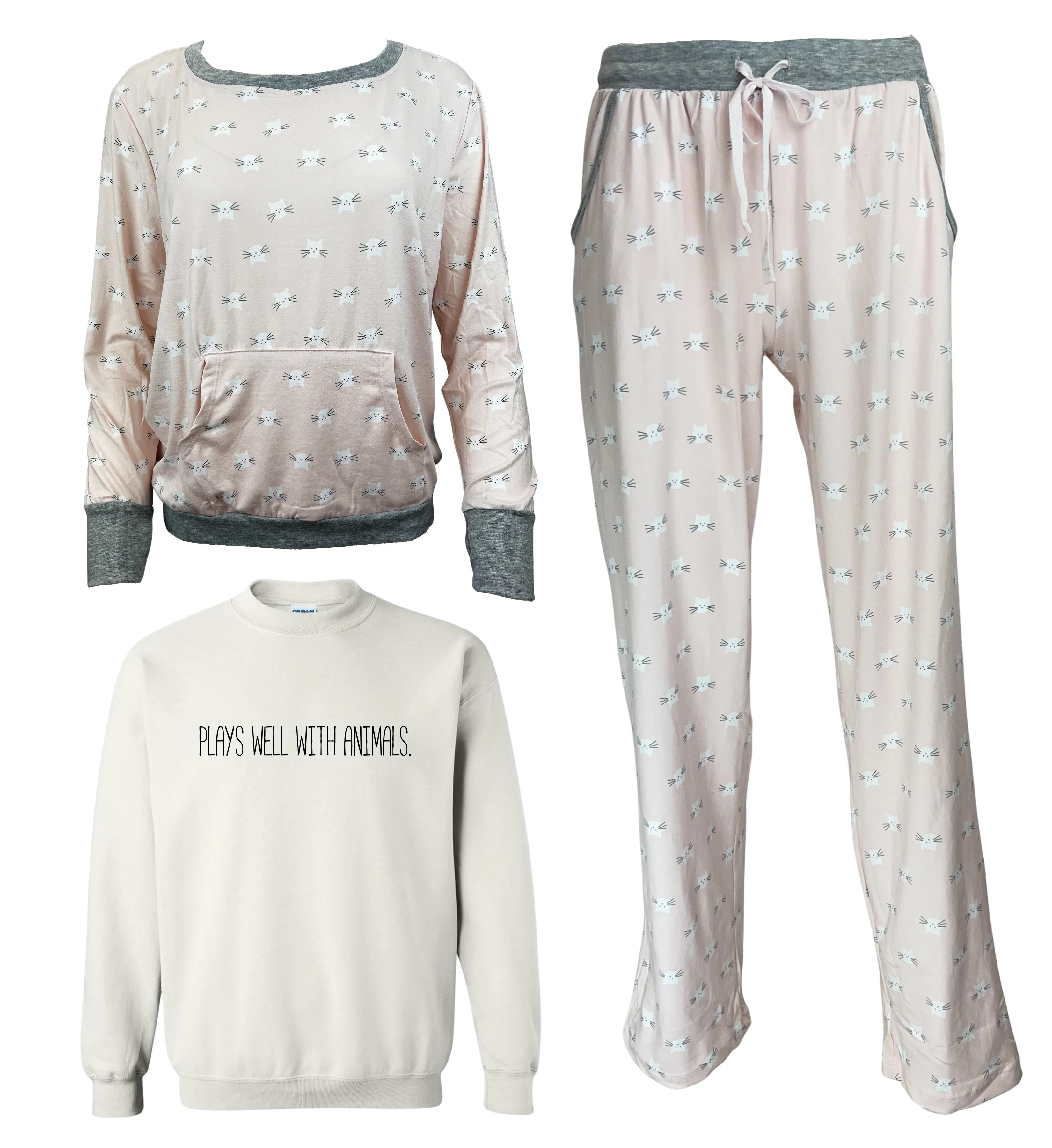 Plays Well With Animals Women's 3 Piece Pajama Set - In 3 Color Choices