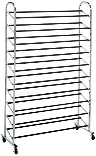 Whitmor 10 Tier Shoe Tower - 50 Pair - Rolling Shoe Rack with Locking Wheels - Chrome