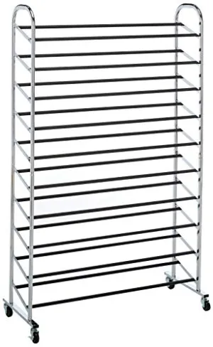 Whitmor 10 Tier Shoe Tower - 50 Pair - Rolling Shoe Rack with Locking Wheels - Chrome