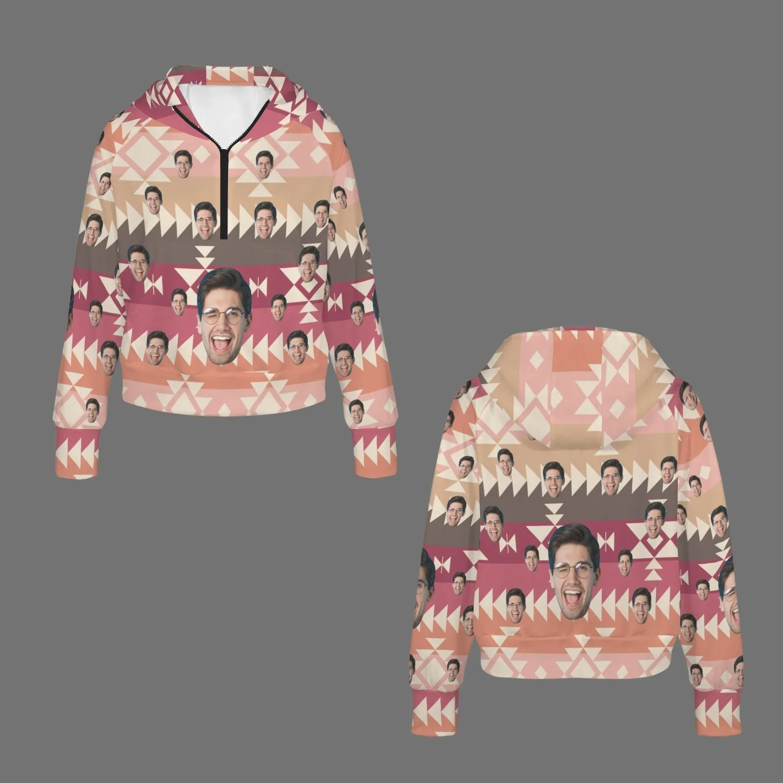 Women's Half Zip Cropped Hoodies Custom Face Bohemian Fleece Athletic Pullover Hoodies with Pockets Thumb Hole