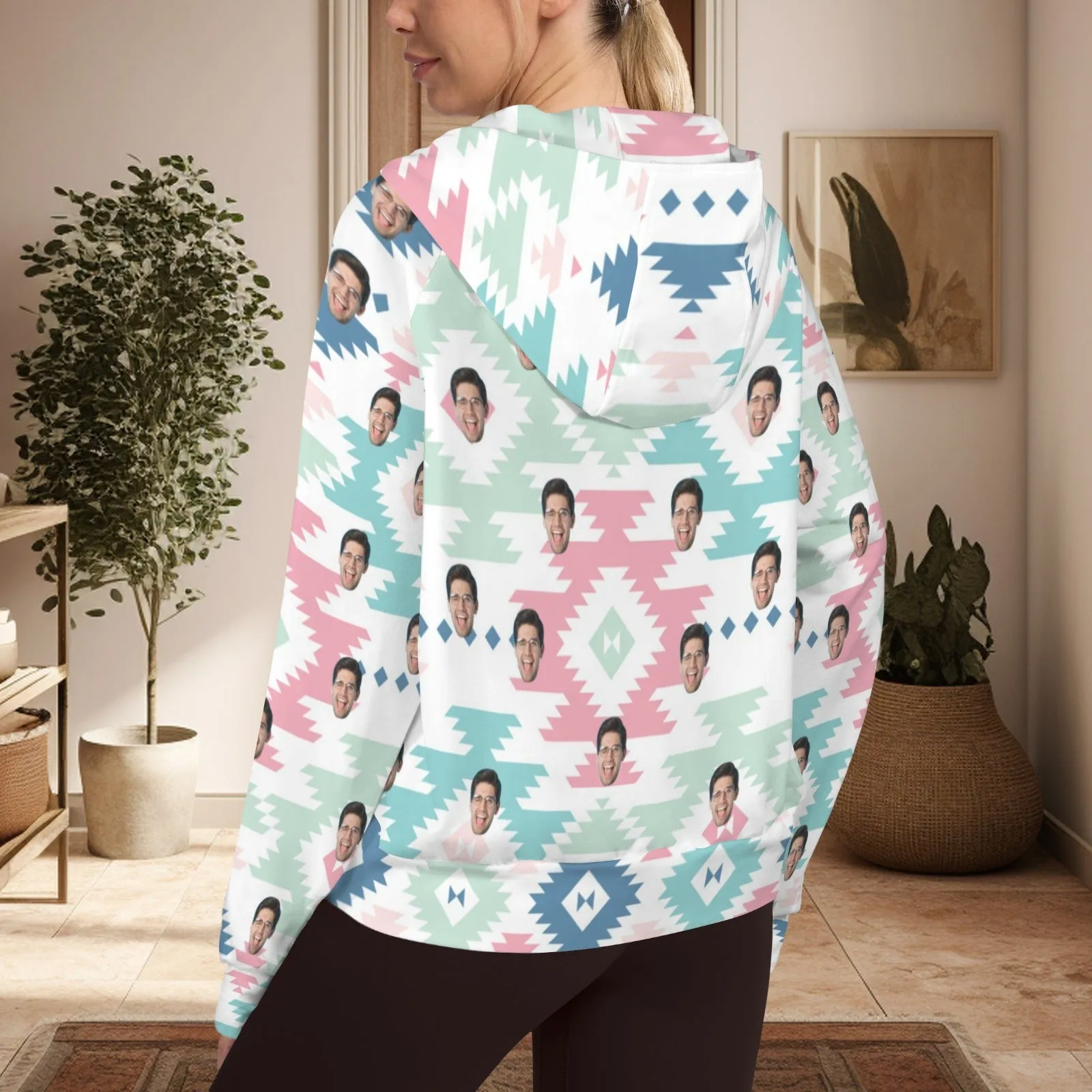 Women's Half Zip Cropped Hoodies Custom Face Bohemian Fleece Athletic Pullover Hoodies with Pockets Thumb Hole