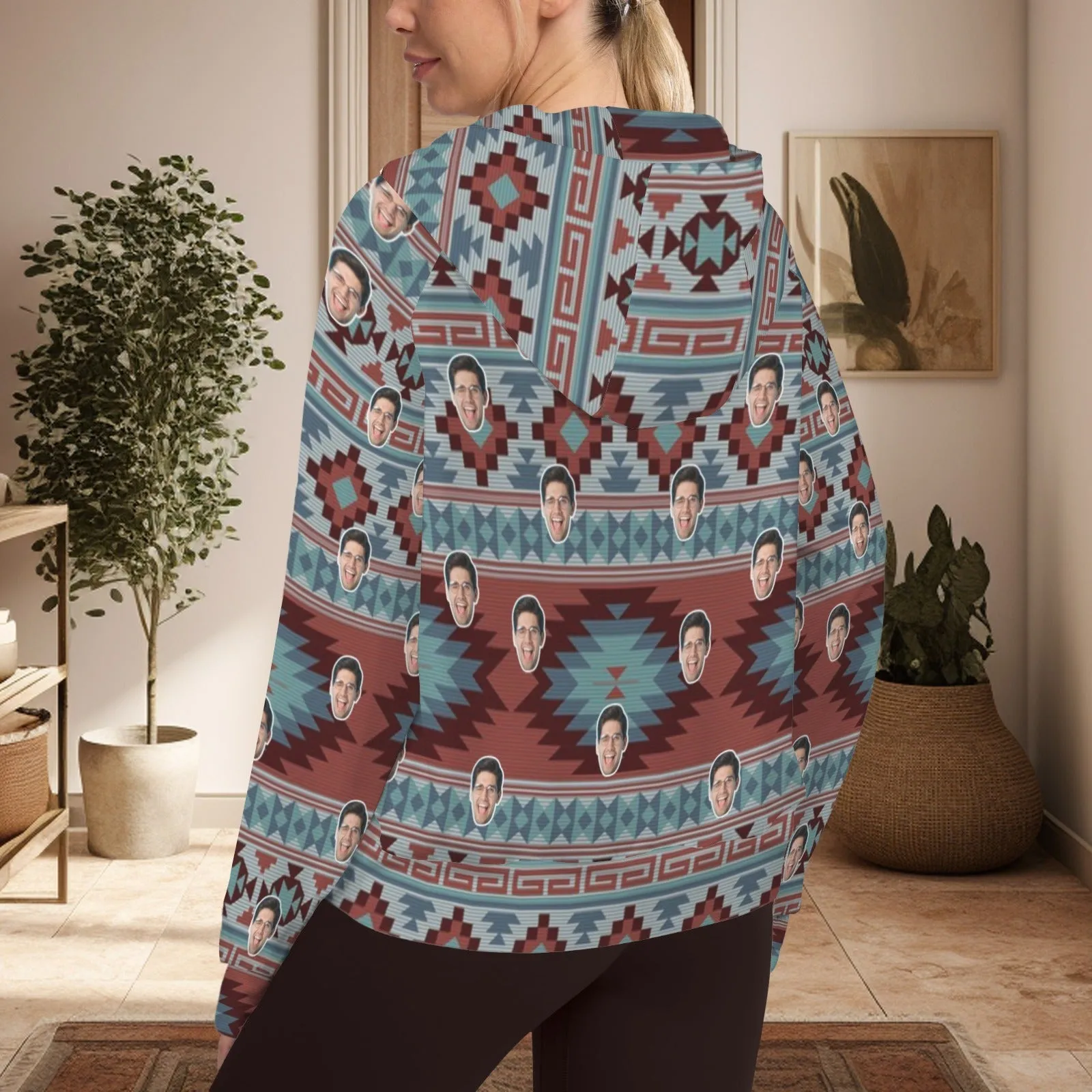 Women's Half Zip Cropped Hoodies Custom Face Bohemian Fleece Athletic Pullover Hoodies with Pockets Thumb Hole