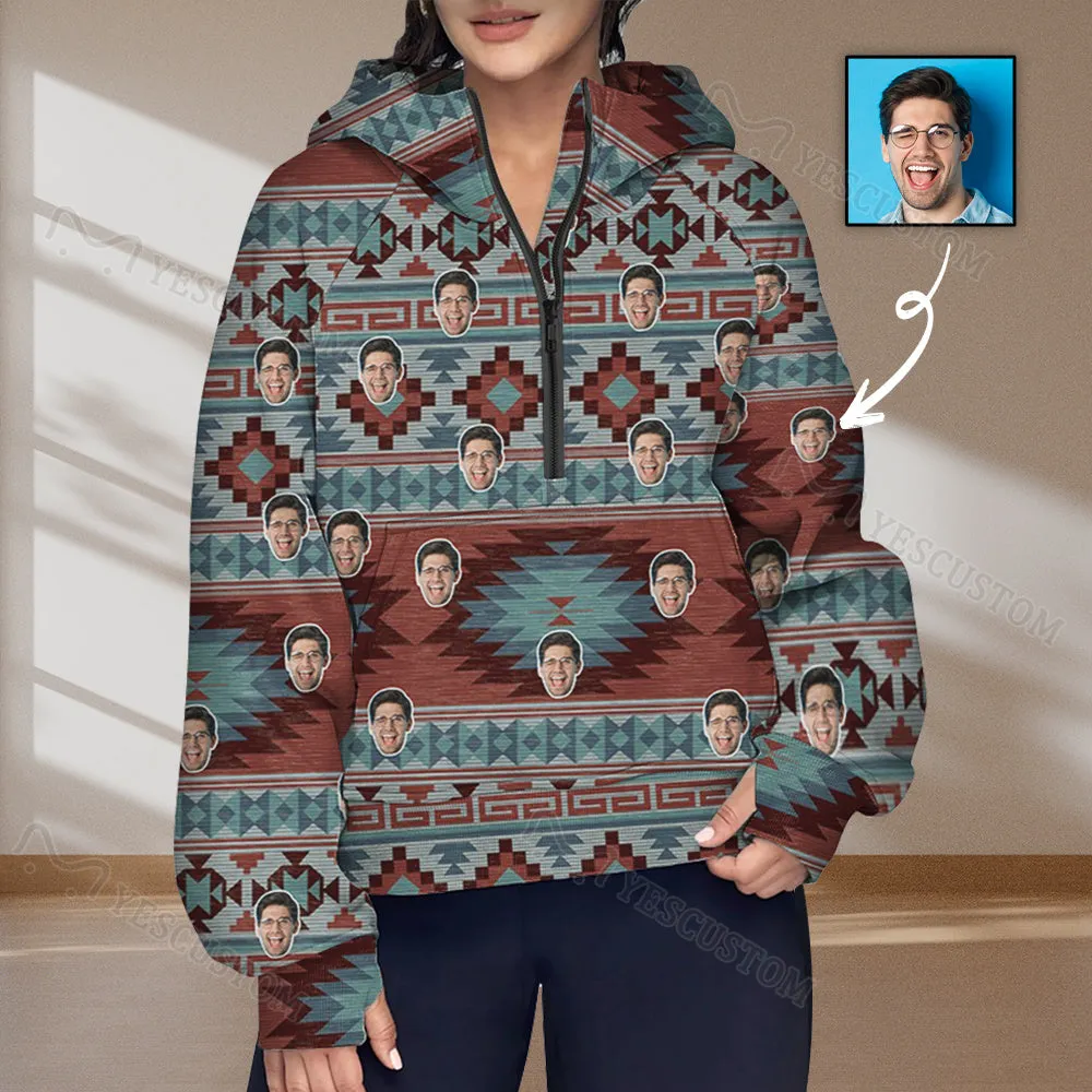 Women's Half Zip Cropped Hoodies Custom Face Bohemian Fleece Athletic Pullover Hoodies with Pockets Thumb Hole