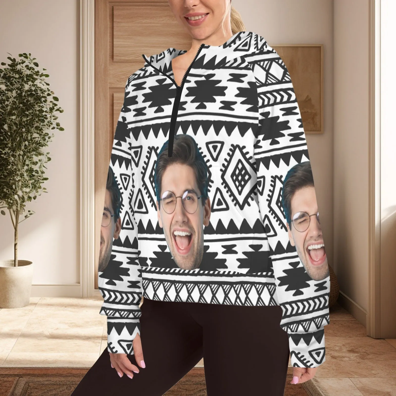 Women's Half Zip Cropped Hoodies Custom Face Bohemian Fleece Athletic Pullover Hoodies with Pockets Thumb Hole