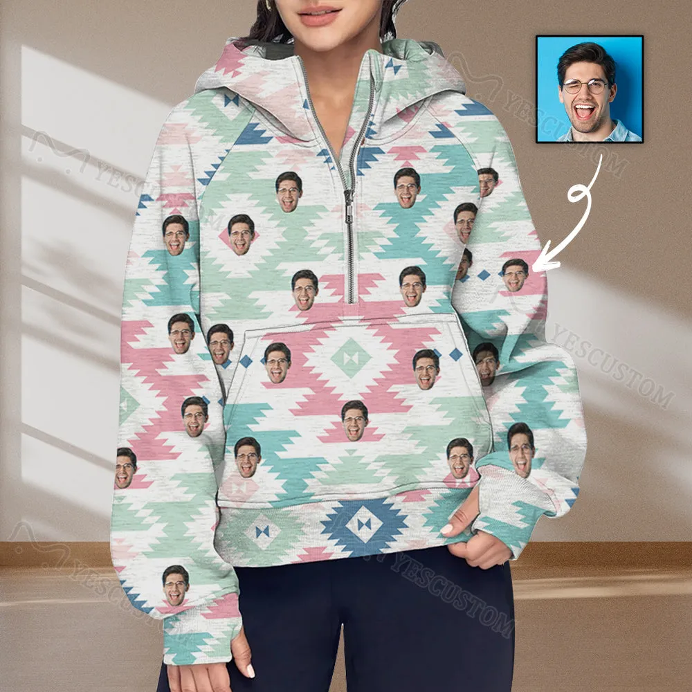 Women's Half Zip Cropped Hoodies Custom Face Bohemian Fleece Athletic Pullover Hoodies with Pockets Thumb Hole
