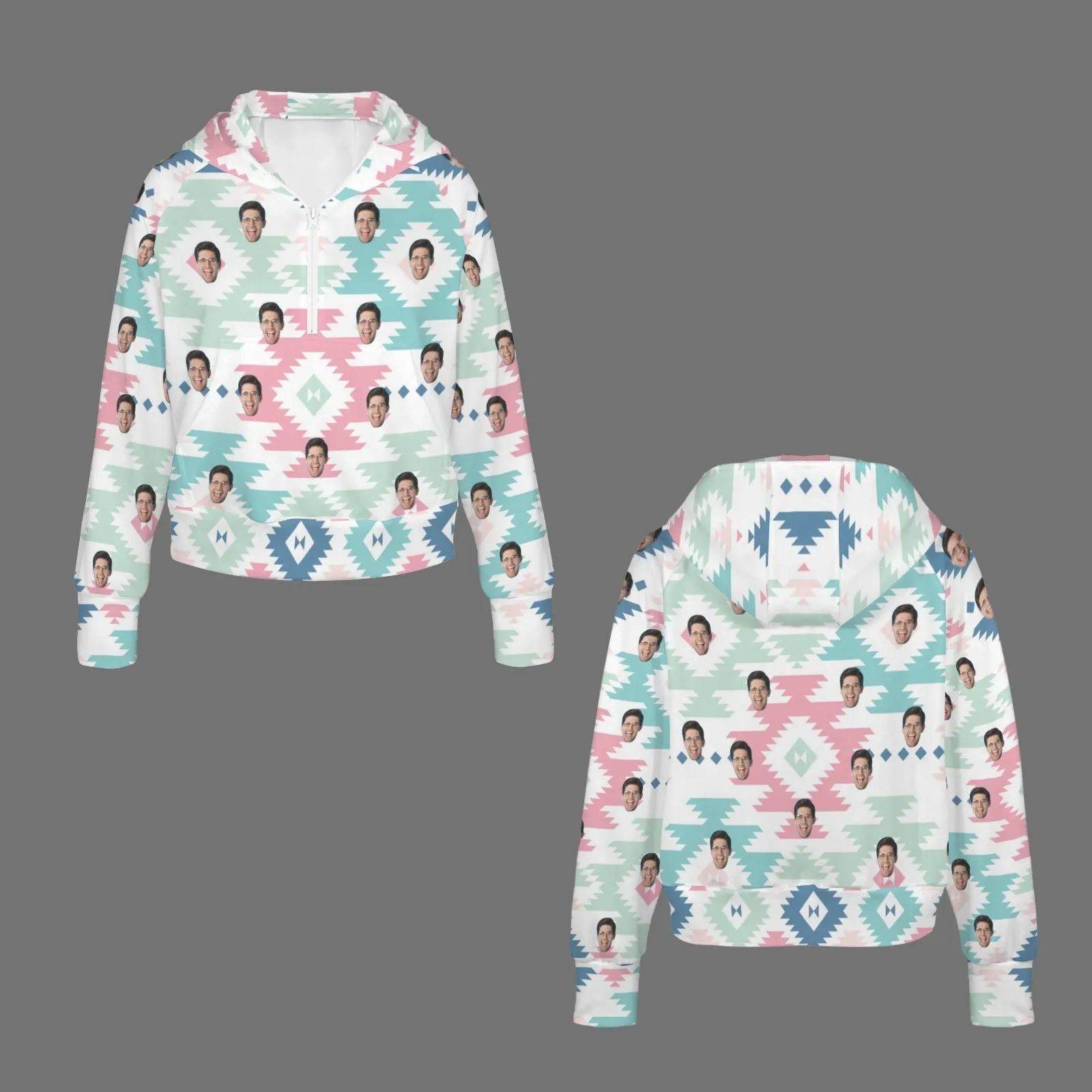 Women's Half Zip Cropped Hoodies Custom Face Bohemian Fleece Athletic Pullover Hoodies with Pockets Thumb Hole