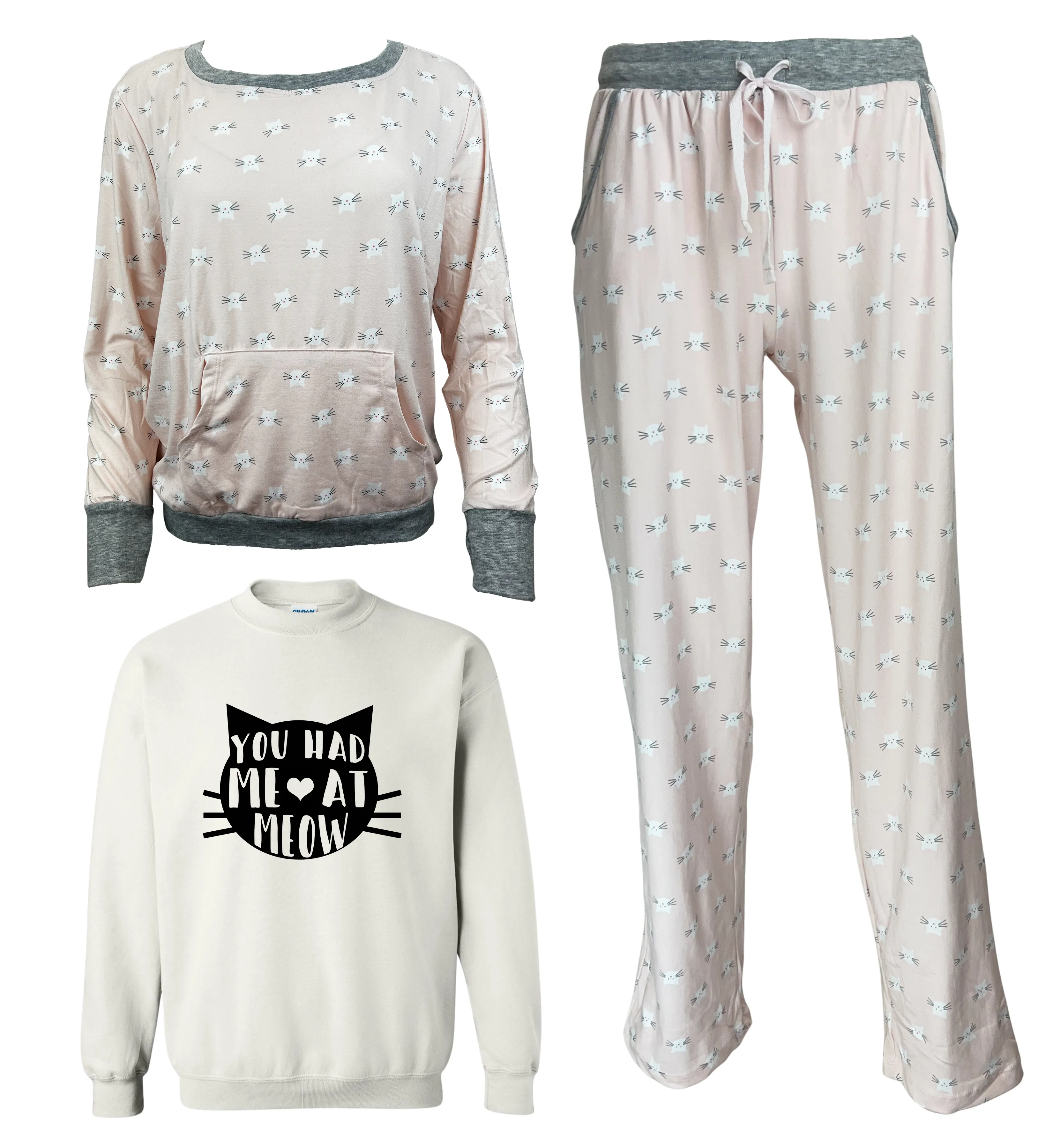 You Had Me At Meow Women's 3 Piece Pajama Set - In 3 Color Choices