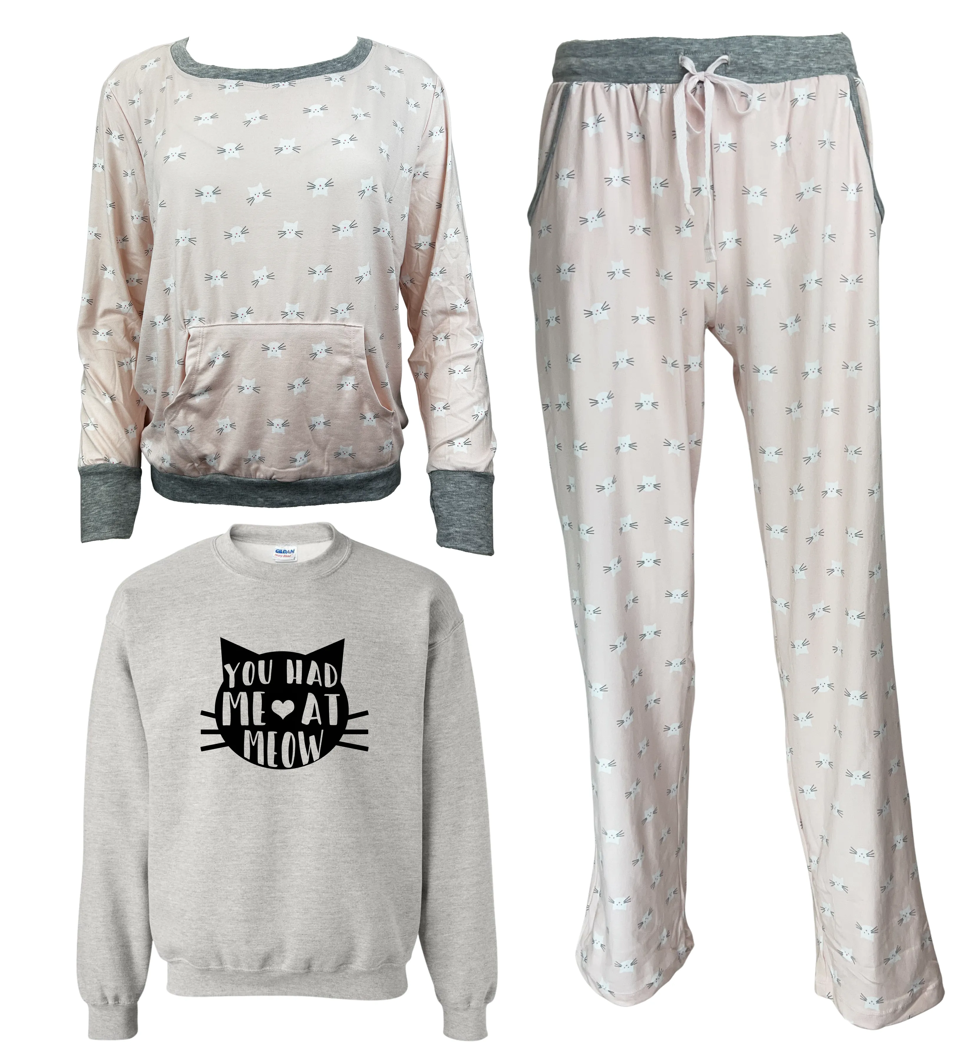 You Had Me At Meow Women's 3 Piece Pajama Set - In 3 Color Choices